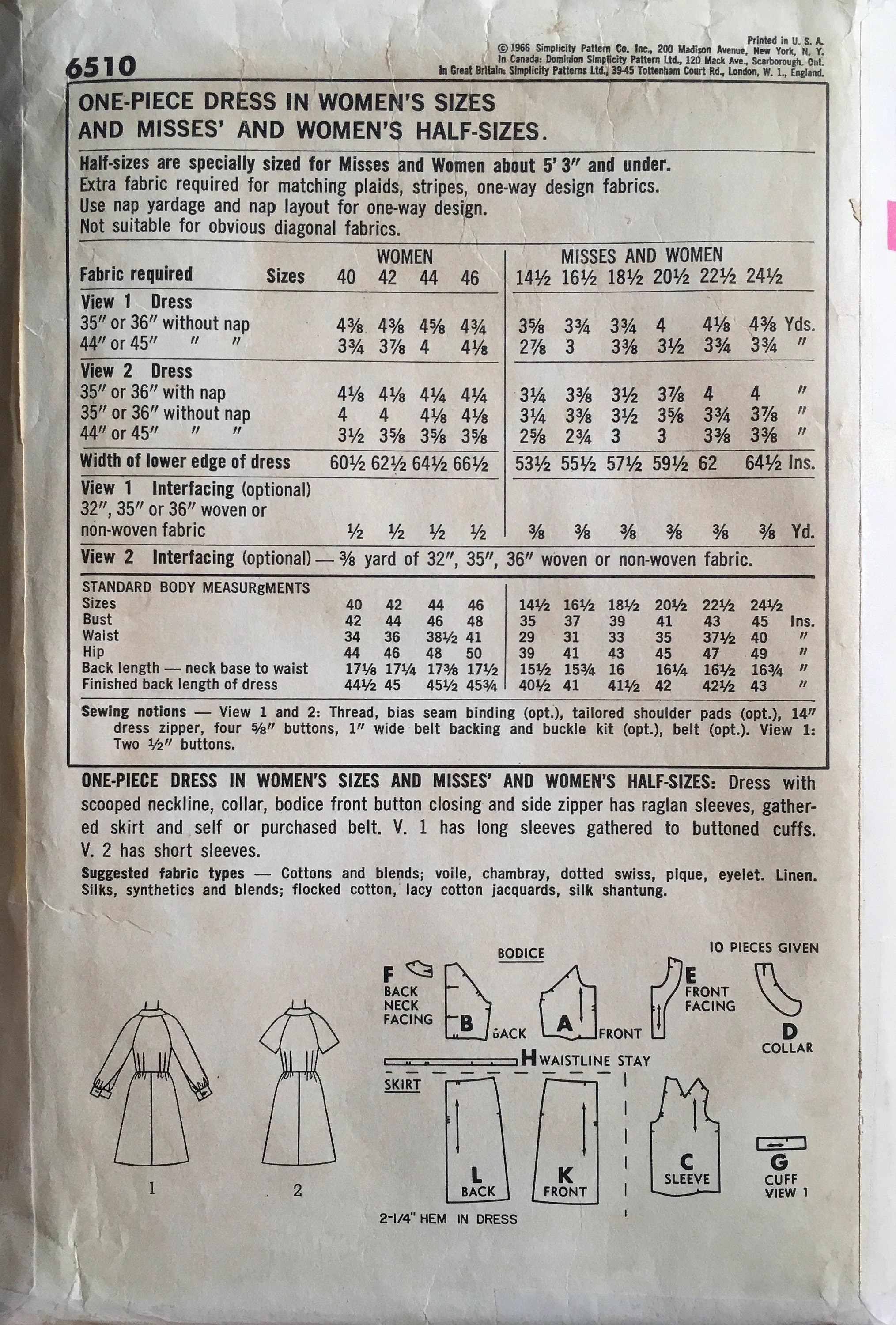 Simplicity 6510 Sewing Pattern (Vintage) CUT