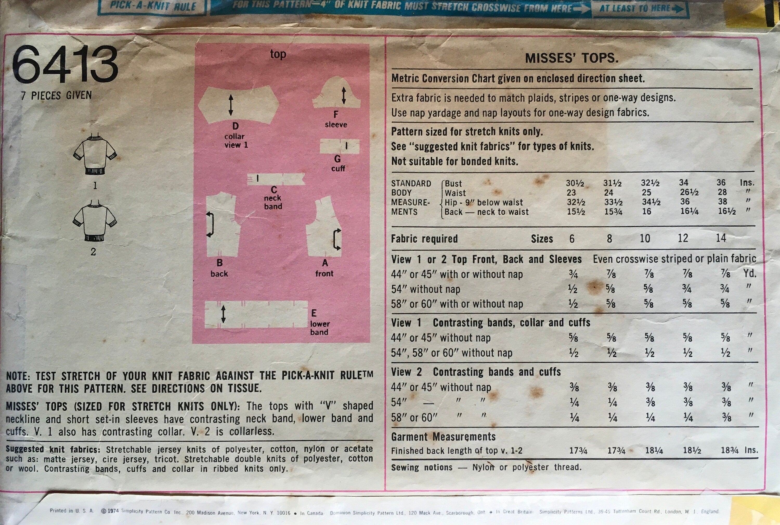 Simplicity 6413 Sewing Pattern (Vintage) CUT