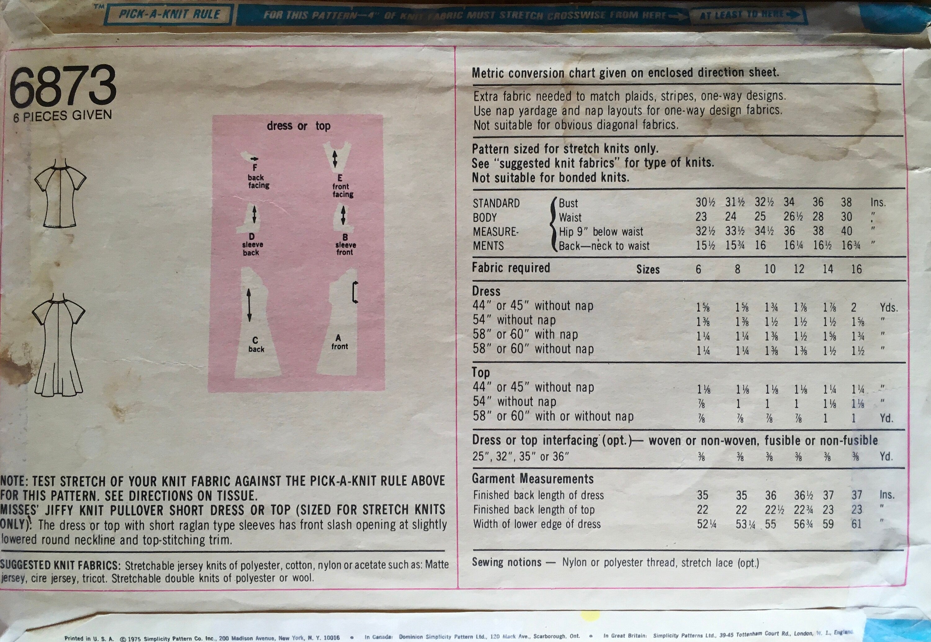 Simplicity 6873 Sewing Pattern (Vintage) CUT