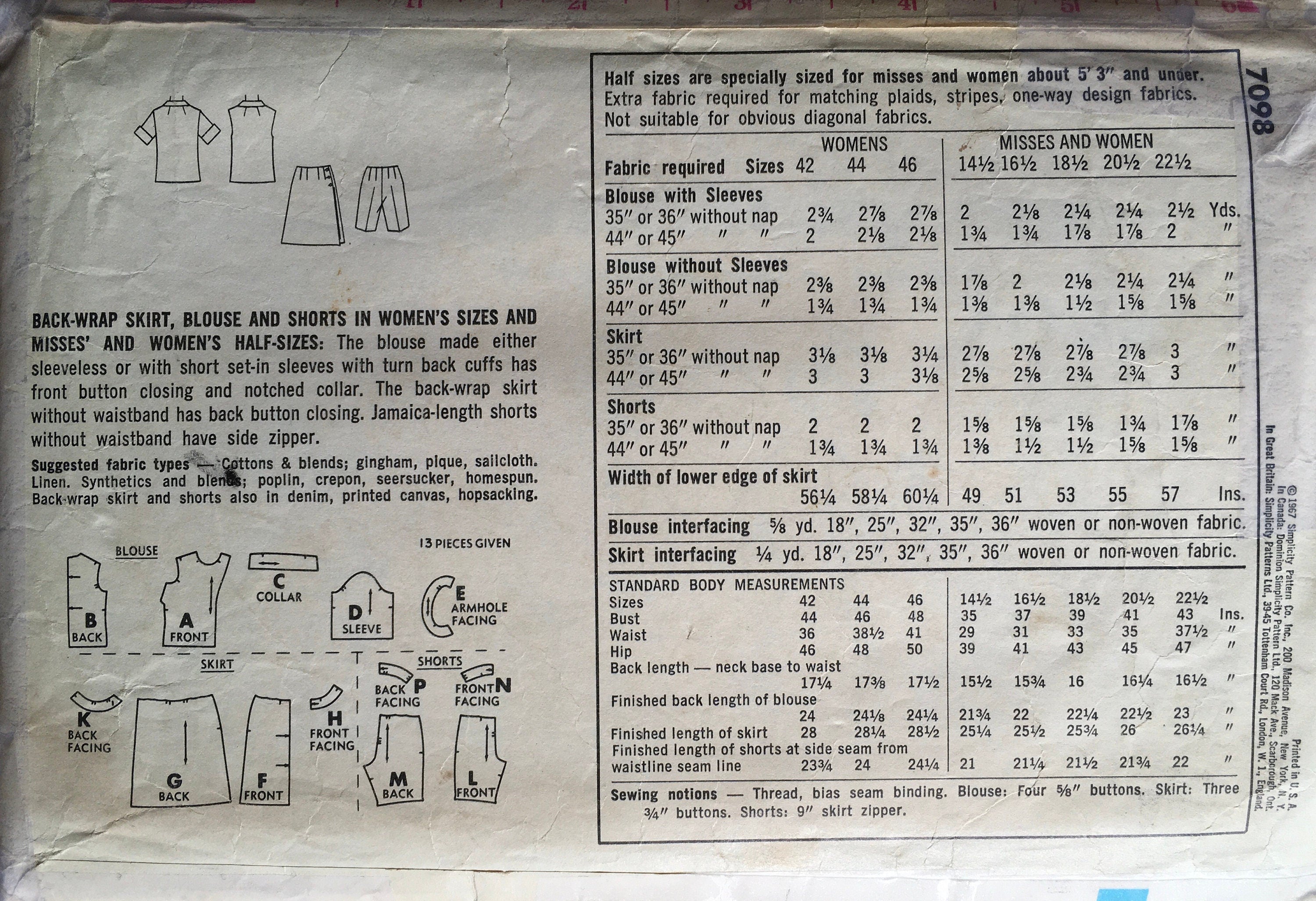 Simplicity 7098 Sewing Pattern (Vintage) CUT