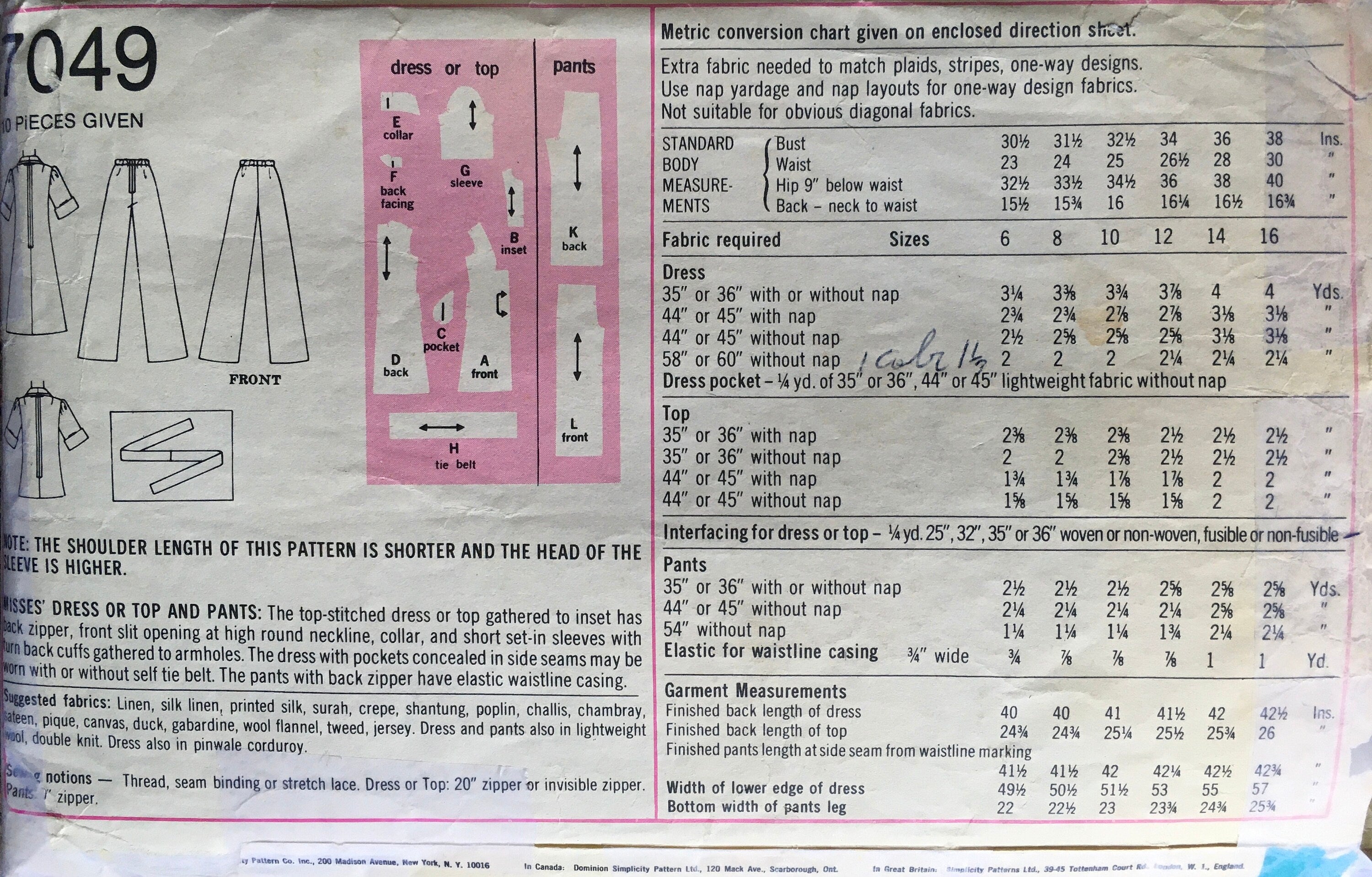 Simplicity 7049 Sewing Pattern (Vintage) CUT