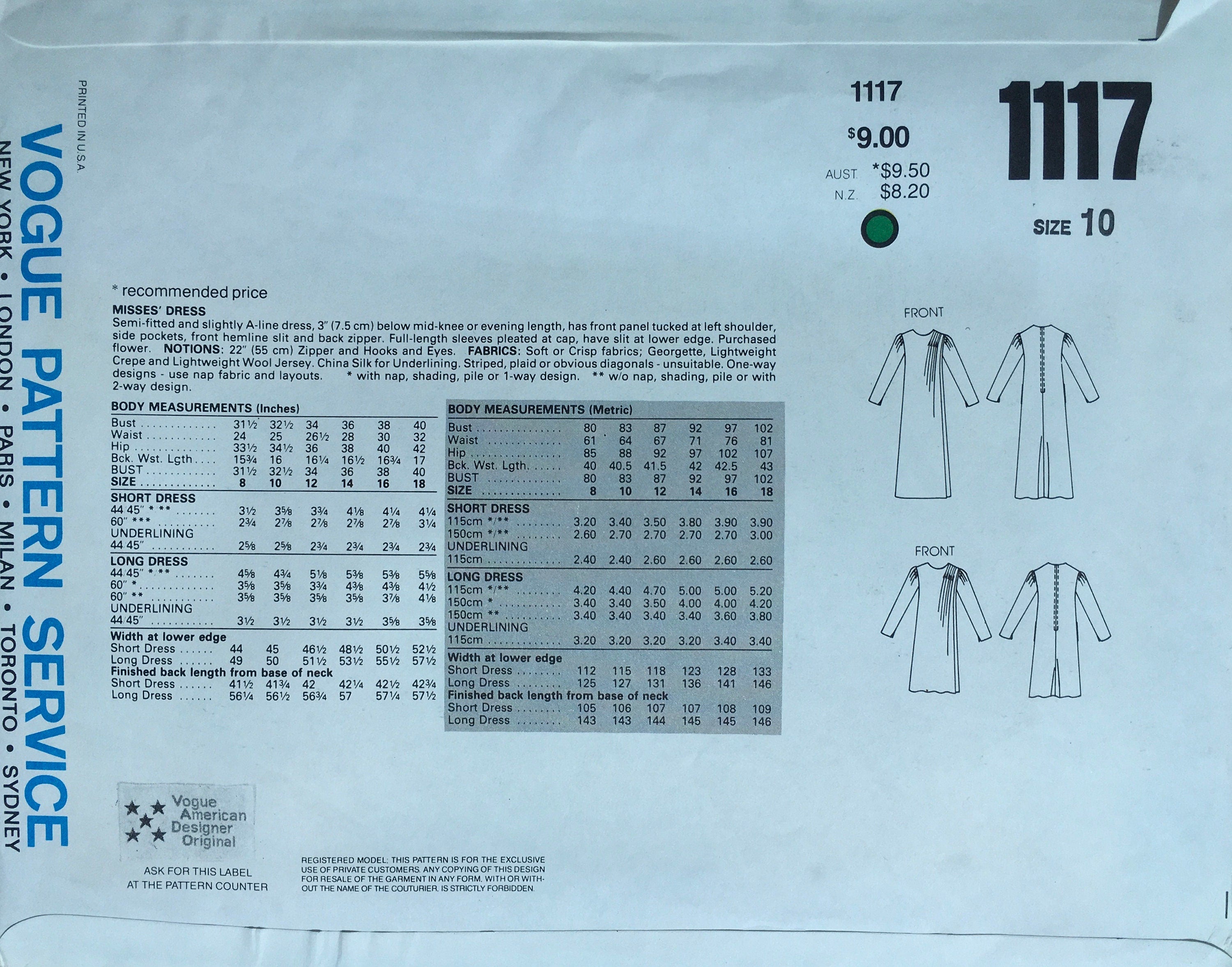 Vogue 1117 Sewing Pattern (Vintage) UNCUT