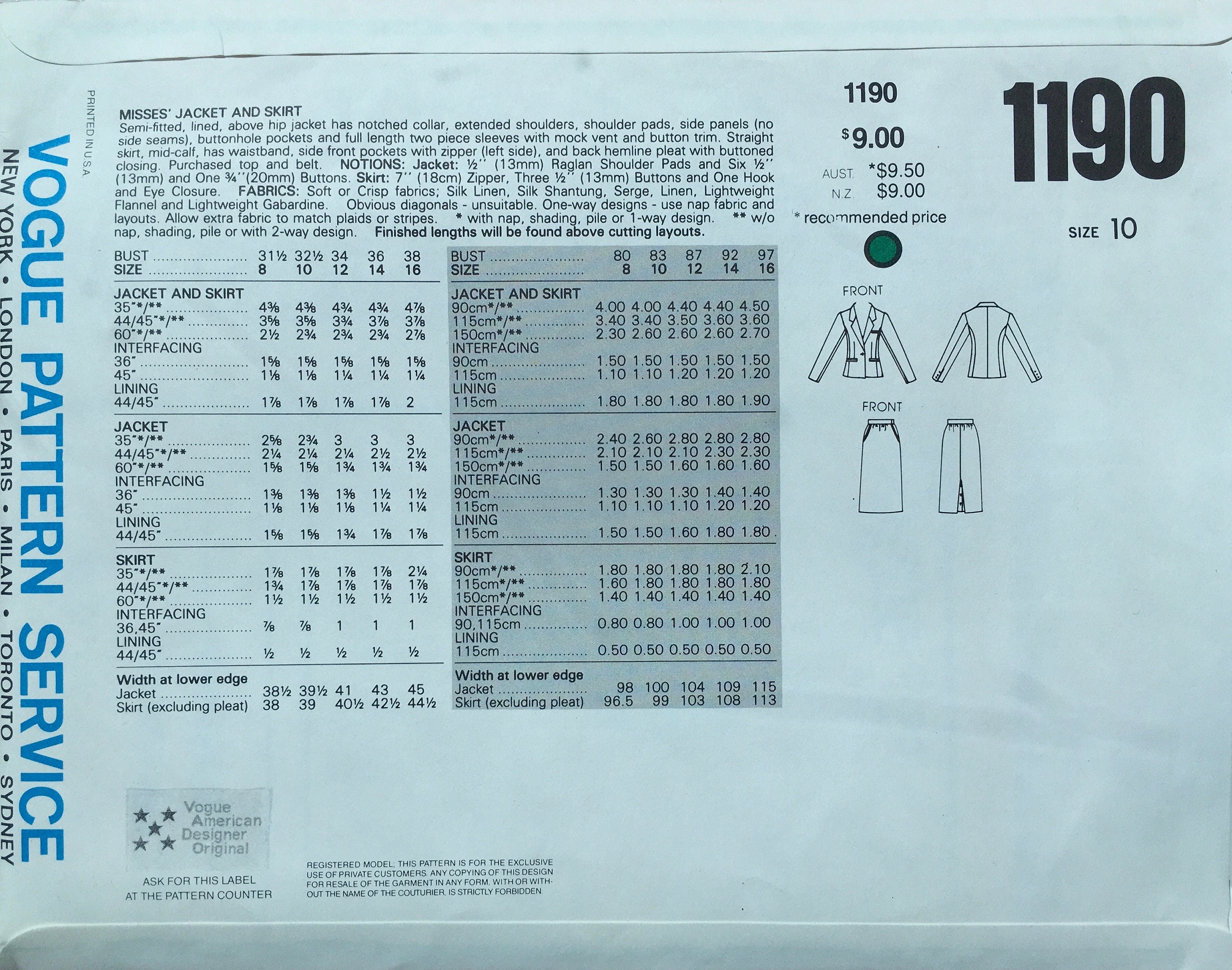 Vogue 1190 Sewing Pattern (Vintage) UNCUT