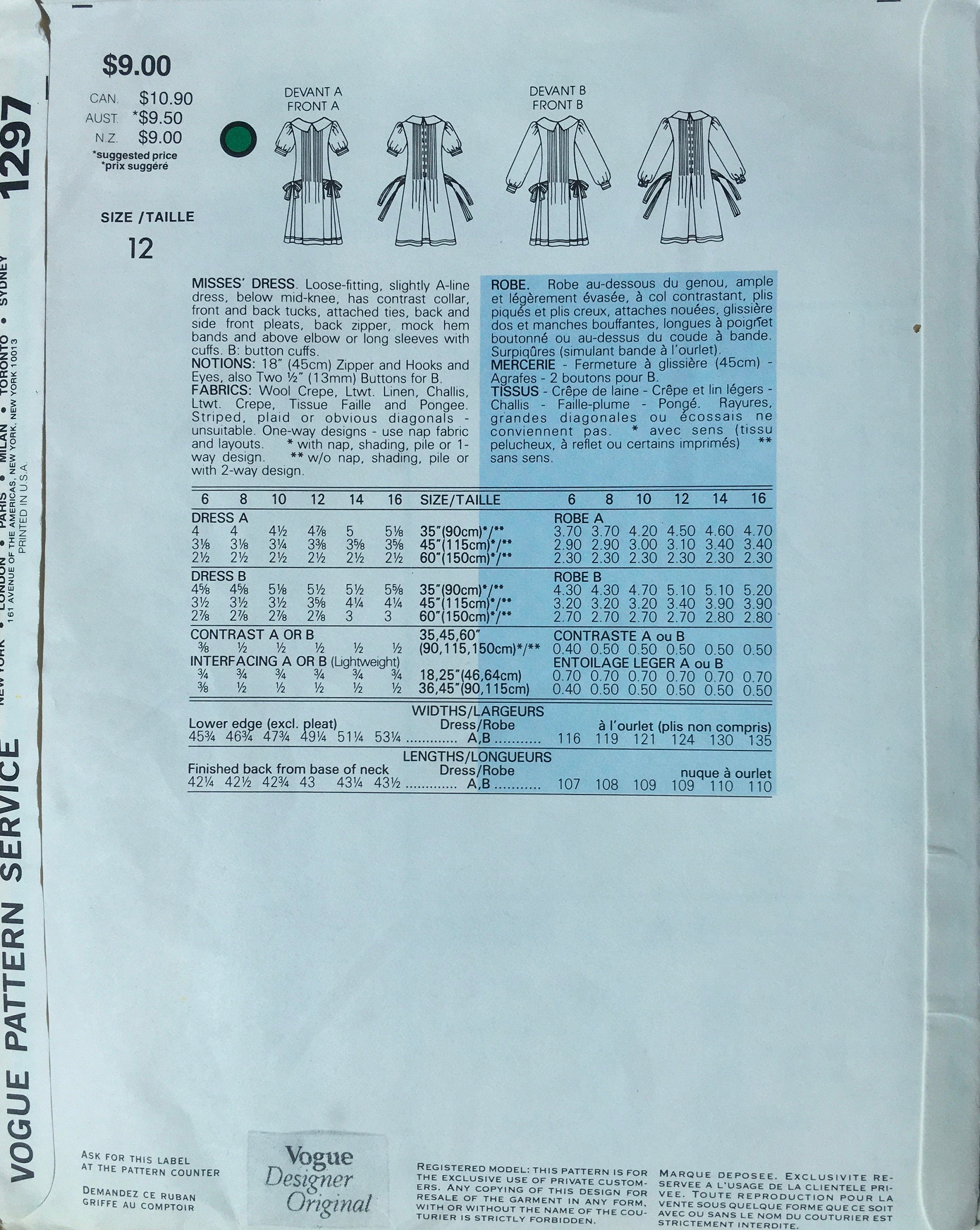 Vogue 1297 Sewing Pattern (Vintage) UNCUT