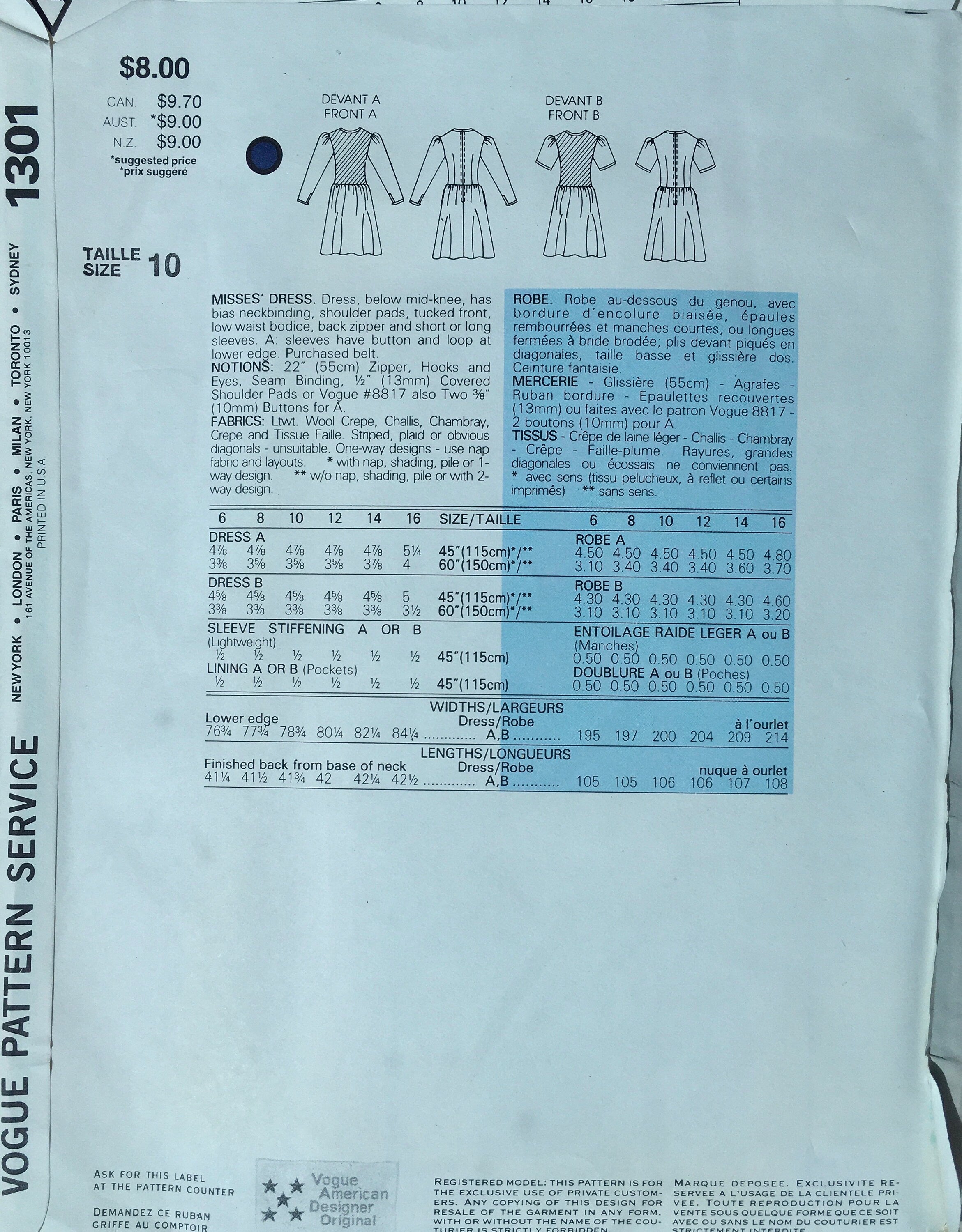 Vogue 1301 Sewing Pattern (Vintage) UNCUT