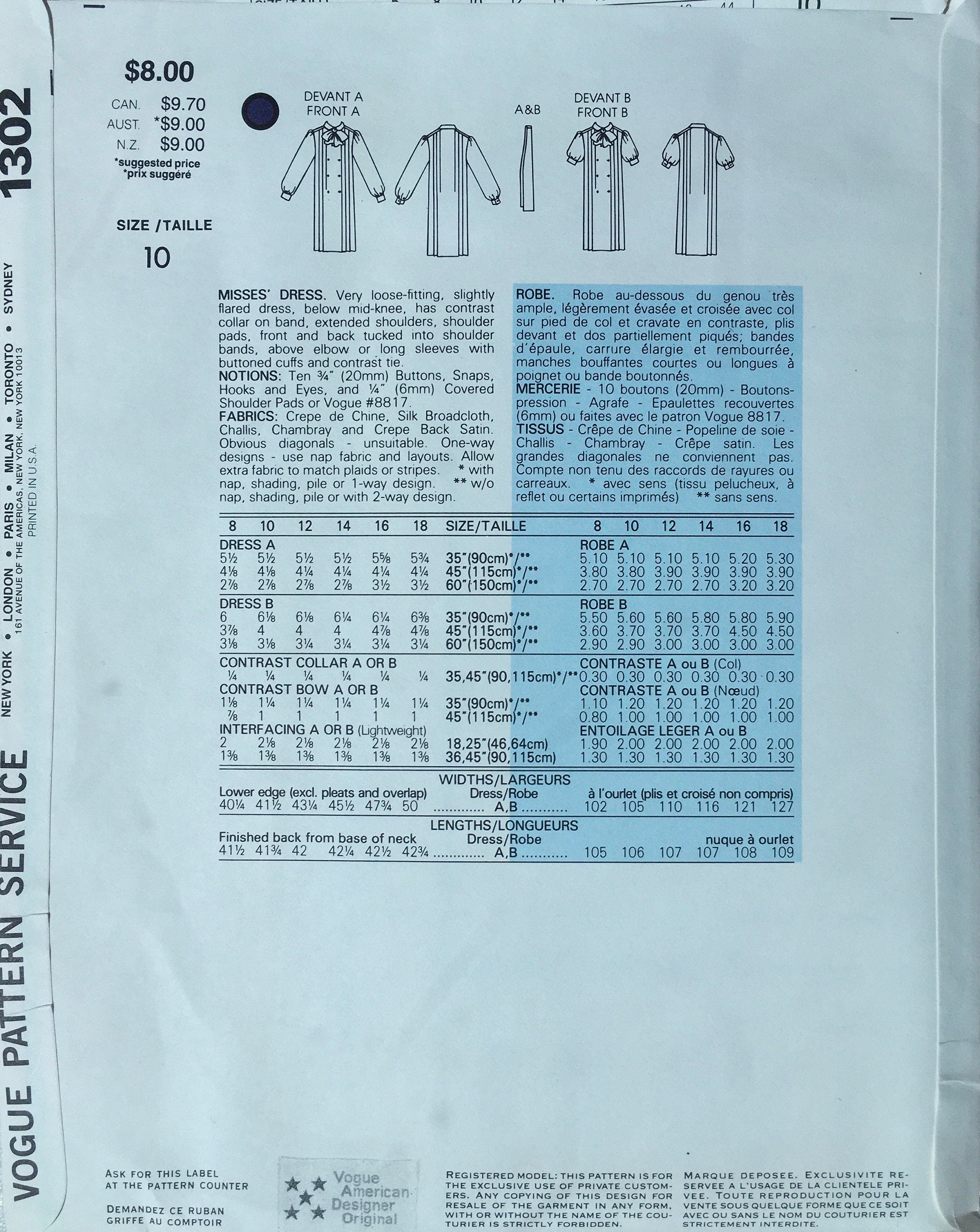 Vogue 1302 Sewing Pattern (Vintage) UNCUT