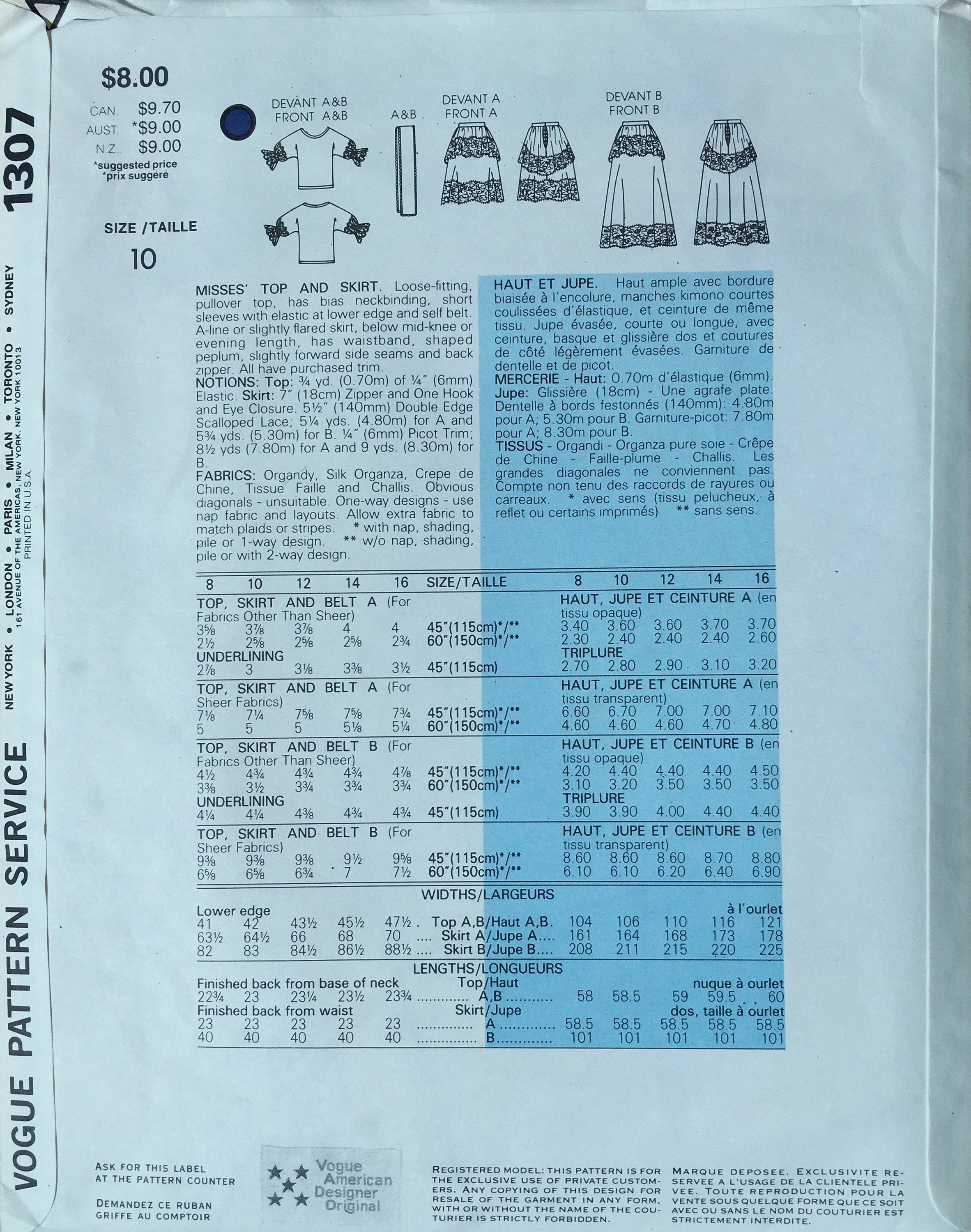 Vogue 1307 Sewing Pattern (Vintage) UNCUT