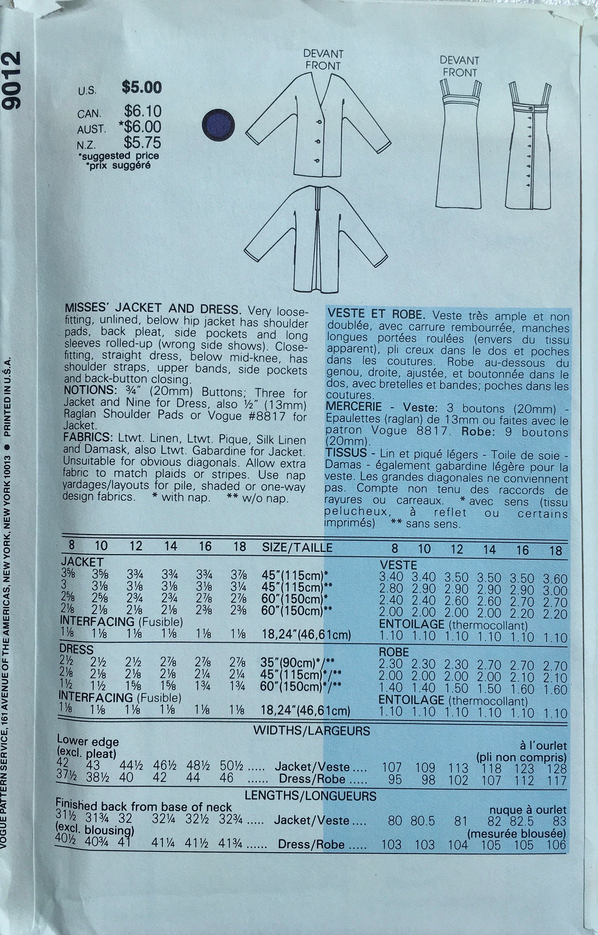 Vogue 9012 Sewing Pattern (Vintage) UNCUT