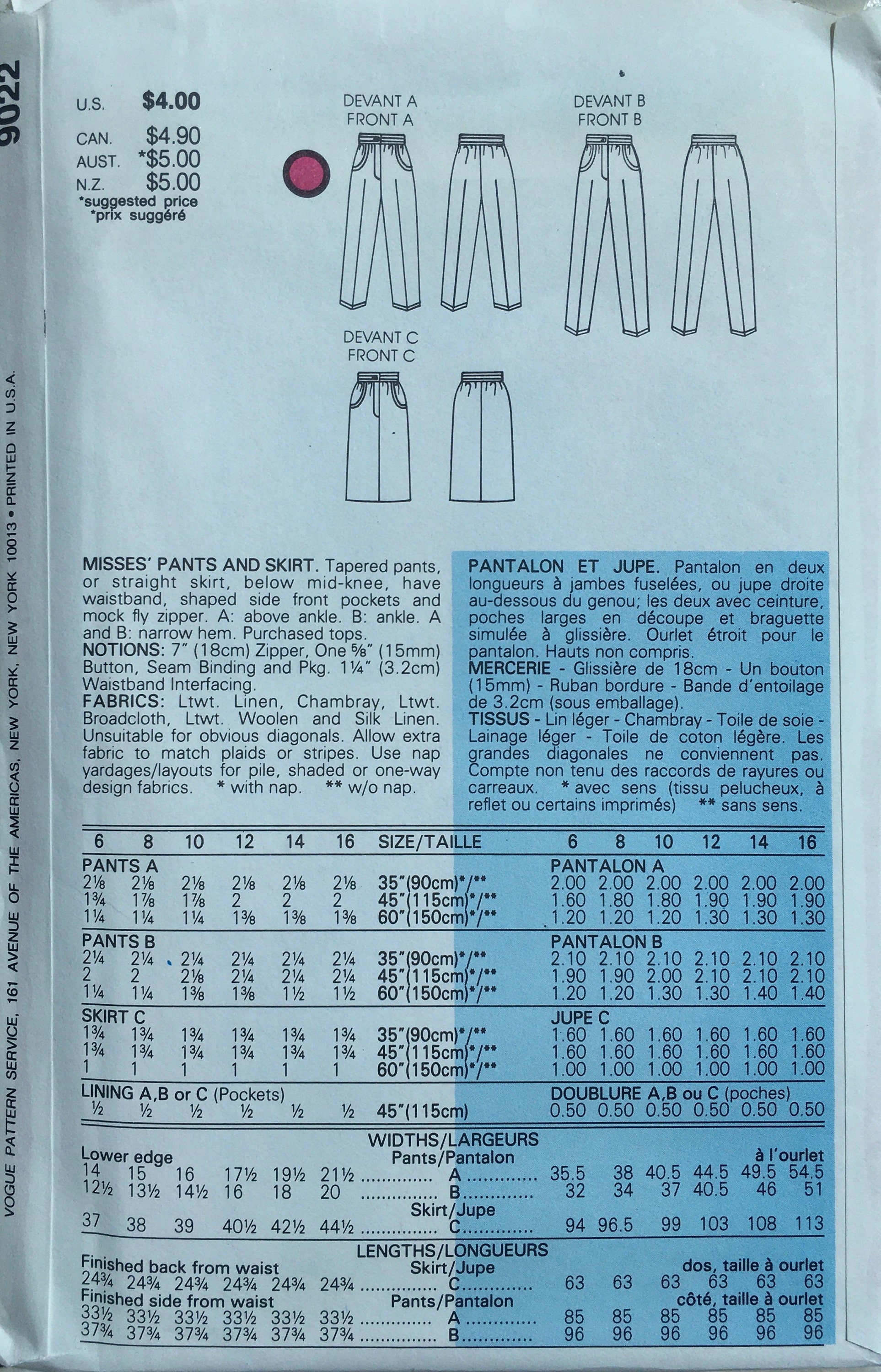 Vogue 9022 Sewing Pattern (Vintage) UNCUT