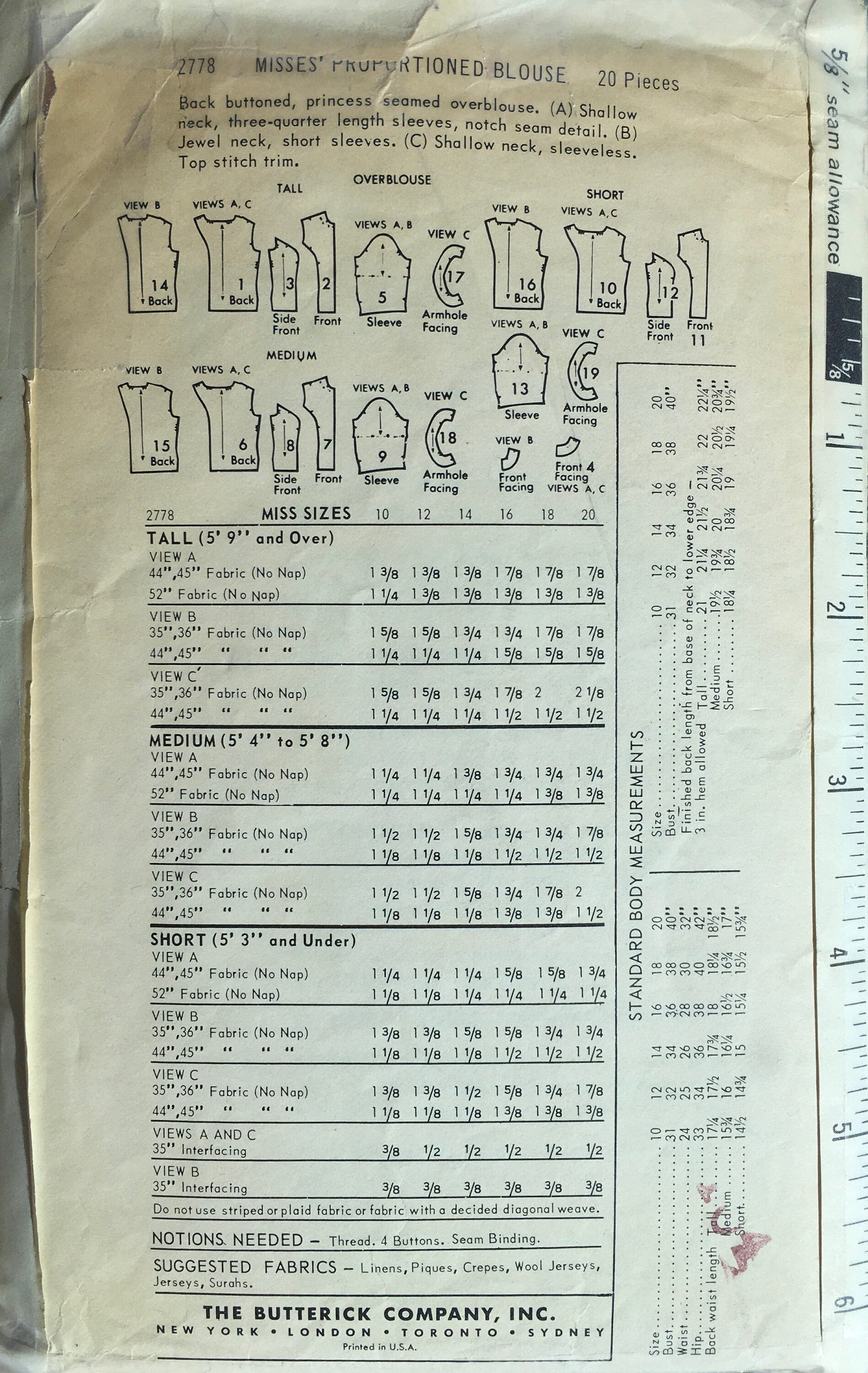Butterick 2778 Sewing Pattern (Vintage) CUT
