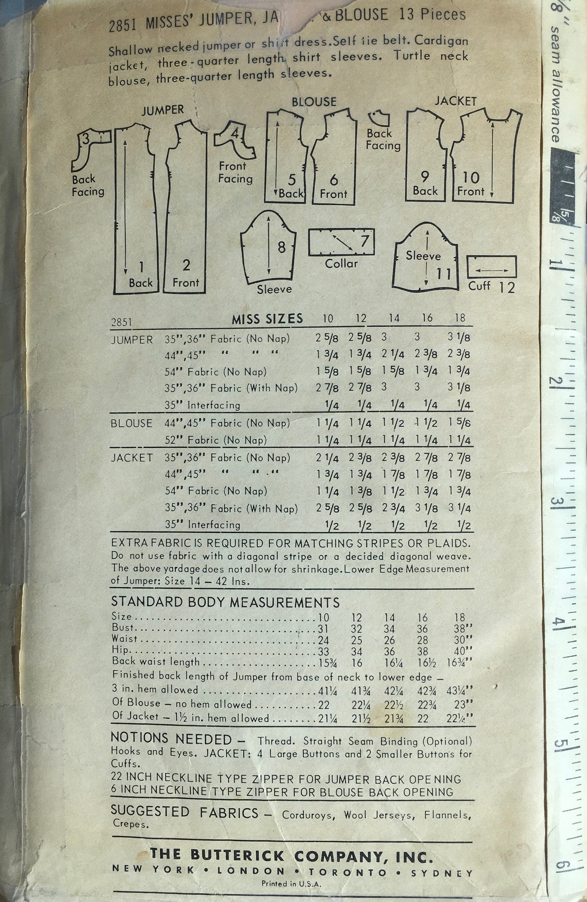 Butterick 2851 Sewing Pattern (Vintage) CUT