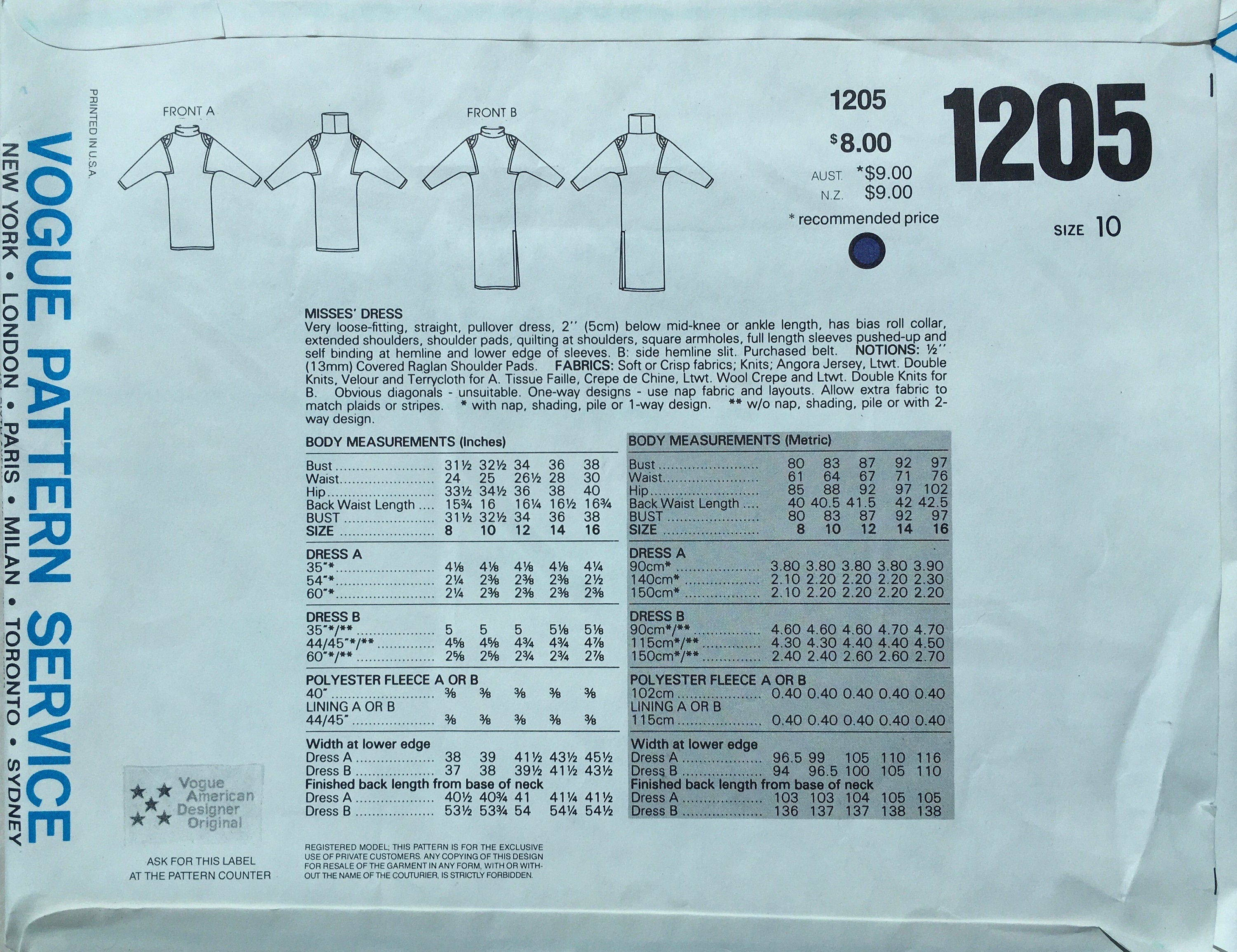 Vogue 1205 Sewing Pattern (Vintage) UNCUT