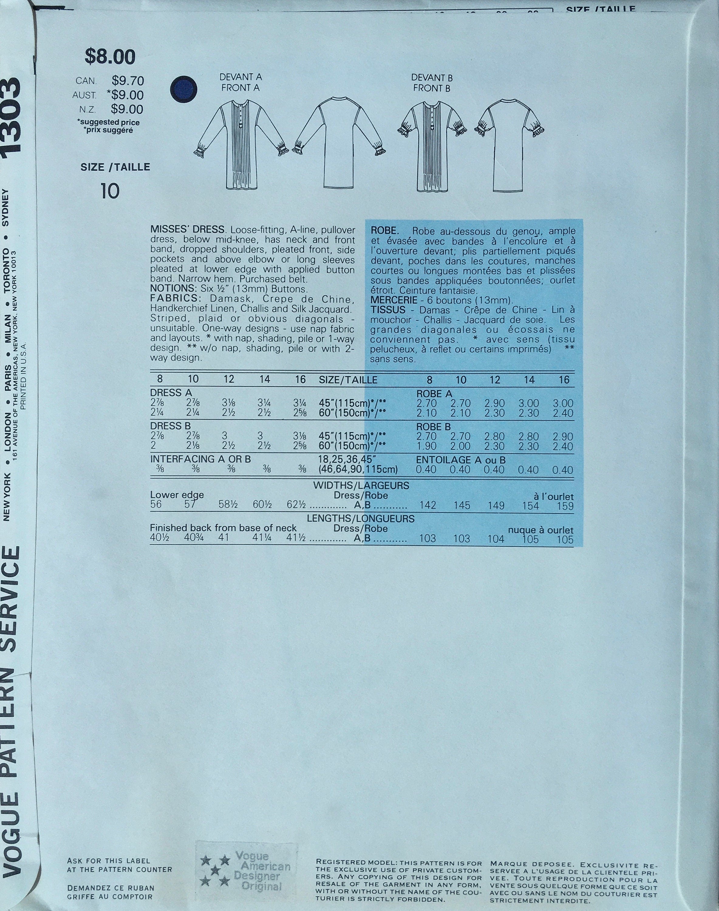 Vogue 1303 Sewing Pattern (Vintage) UNCUT
