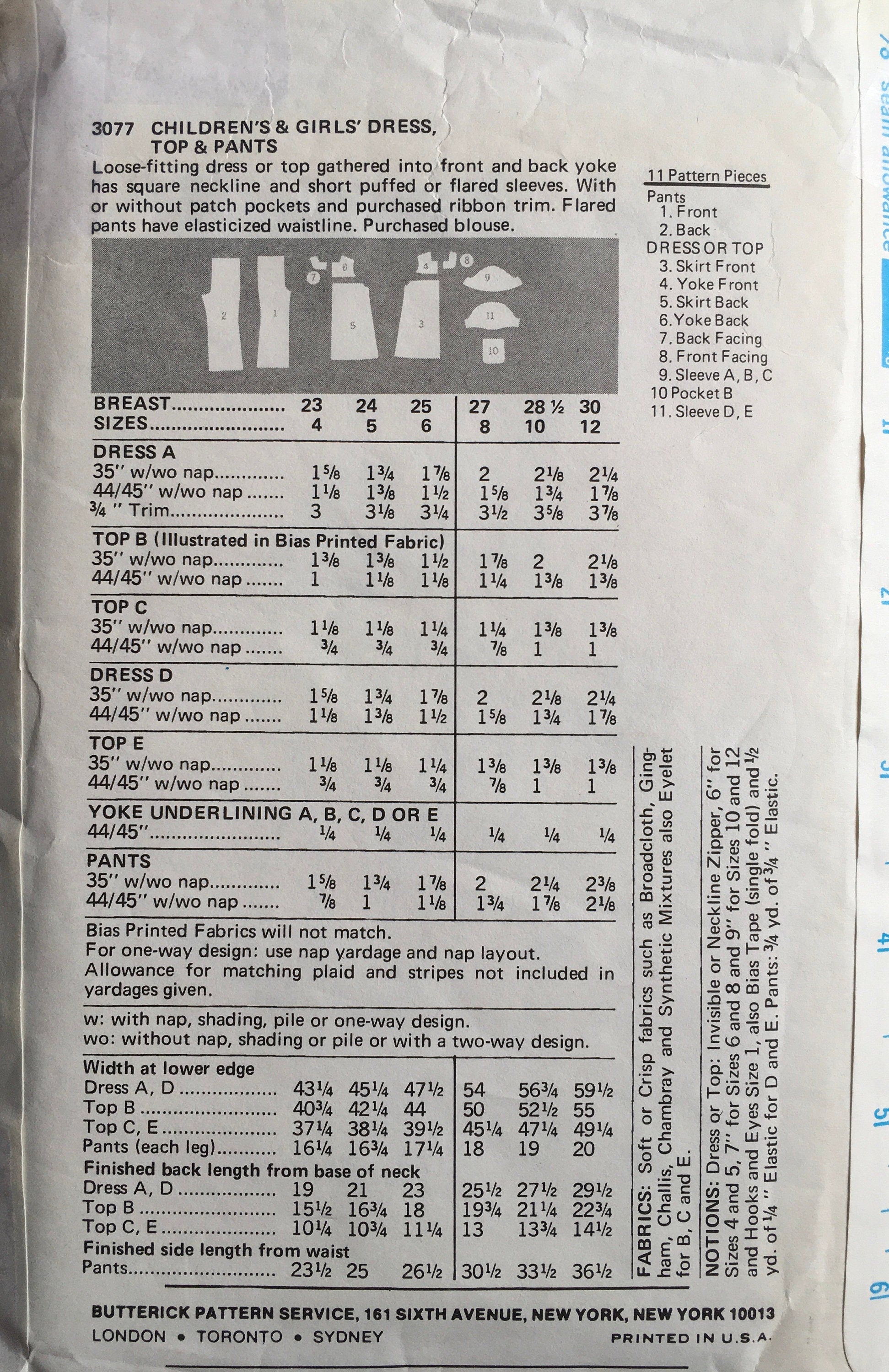Butterick 3077 Sewing Pattern (Vintage) CUT