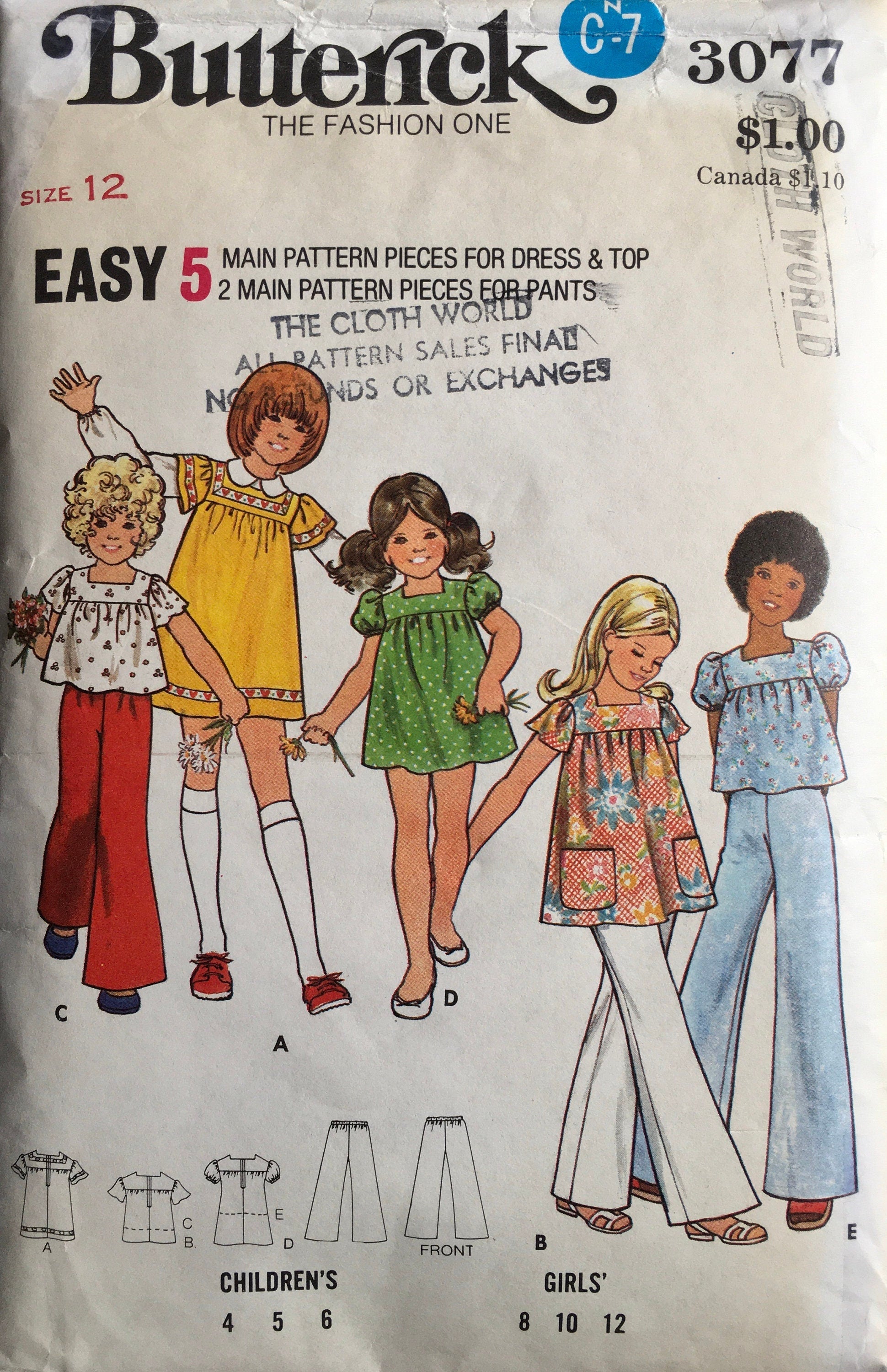 Butterick 3077 Sewing Pattern (Vintage) CUT