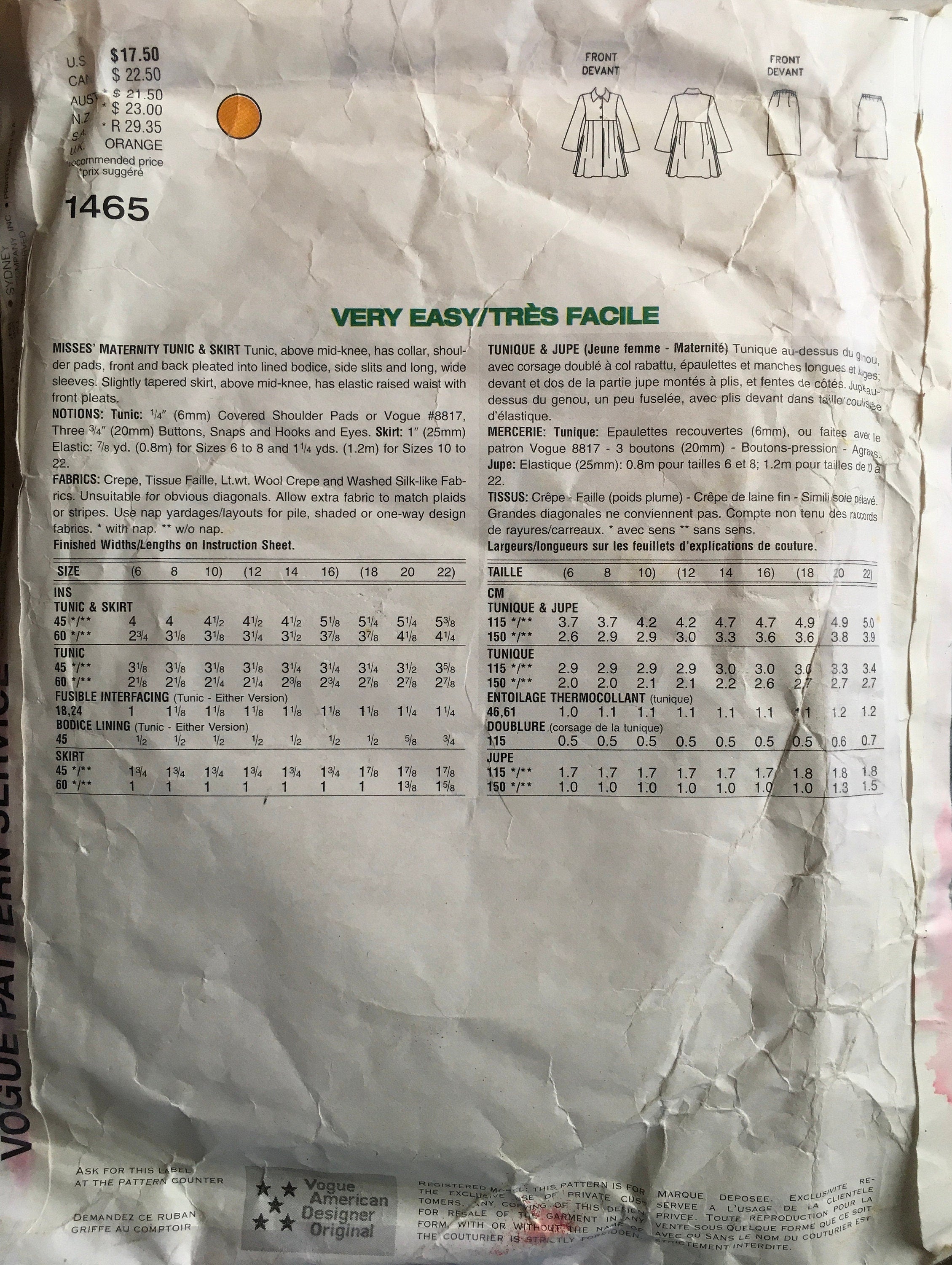 Vogue 1465 Sewing Pattern (Vintage) CUT