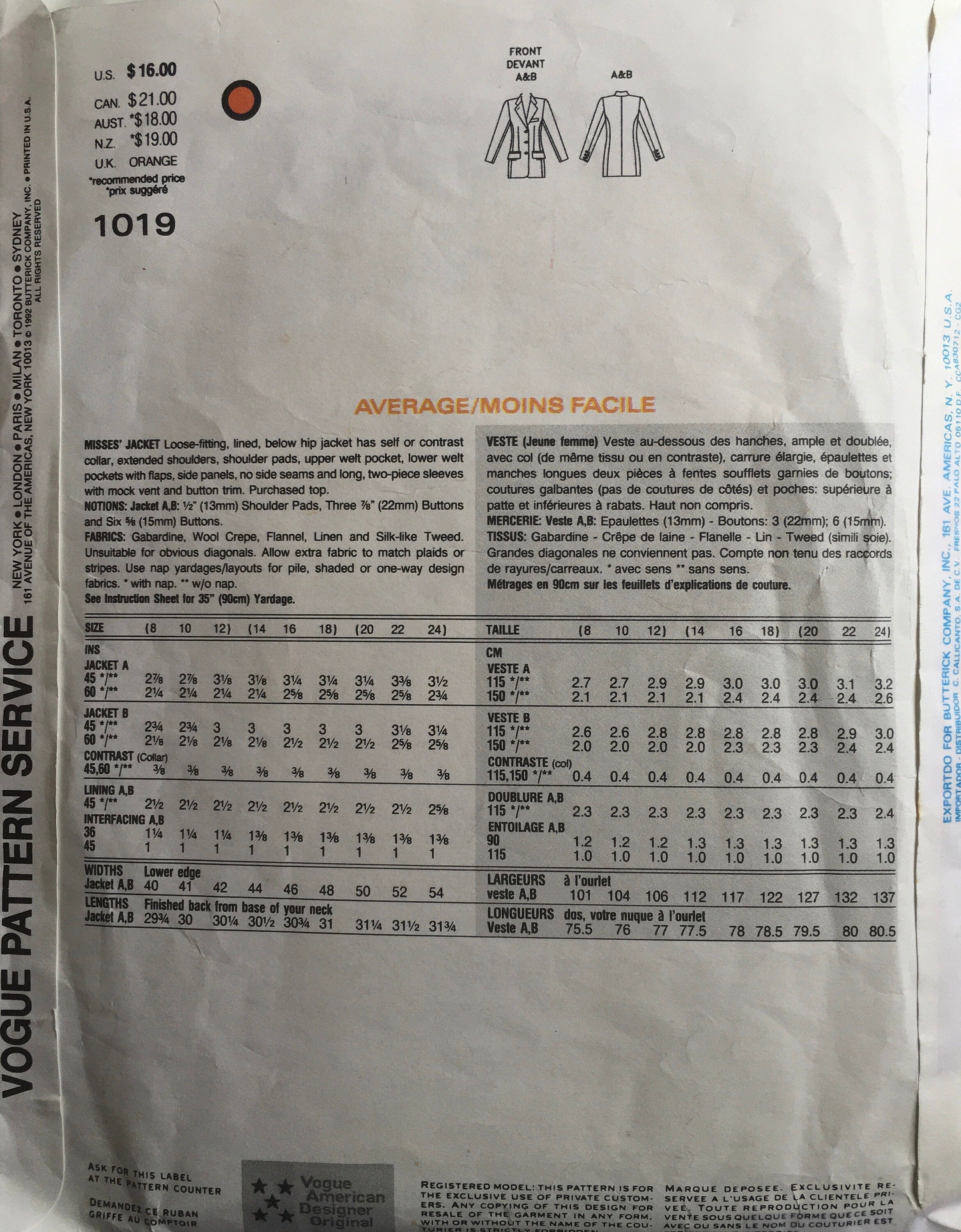 Vogue 1019 Sewing Pattern (Vintage) UNCUT/CUT