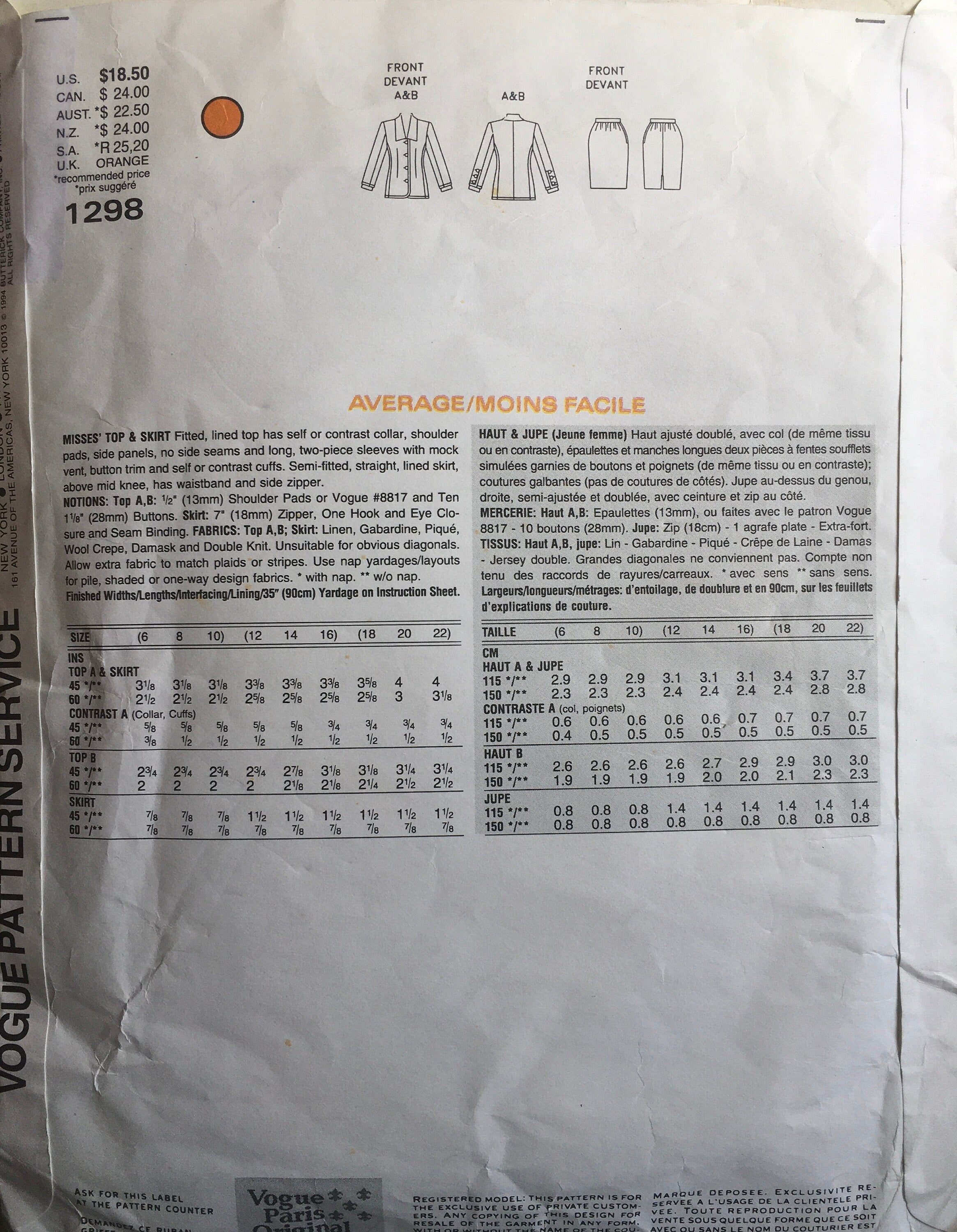 Vogue 1298 Sewing Pattern (Vintage) CUT
