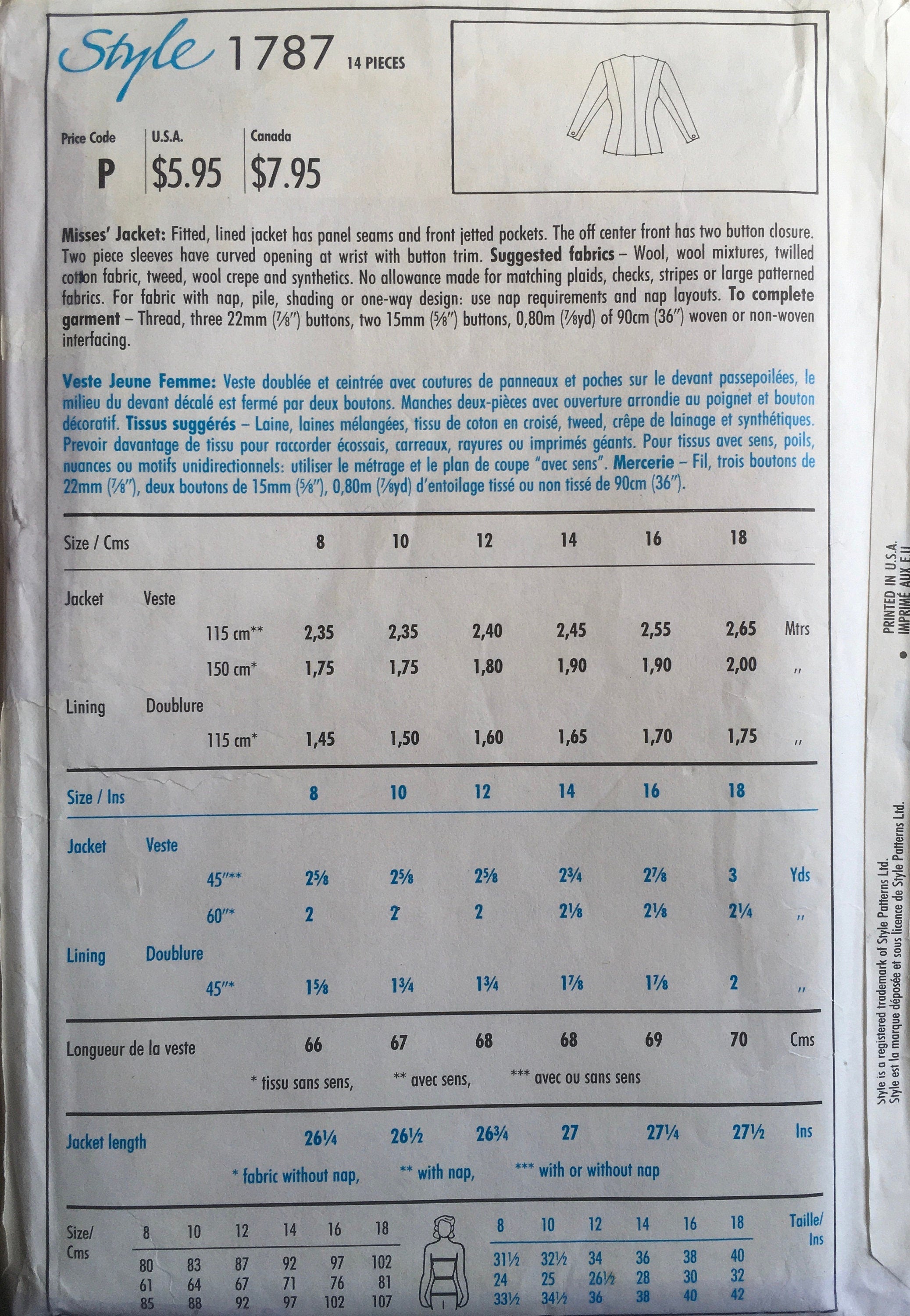 Style 1787 Sewing Pattern (Vintage) UNCUT