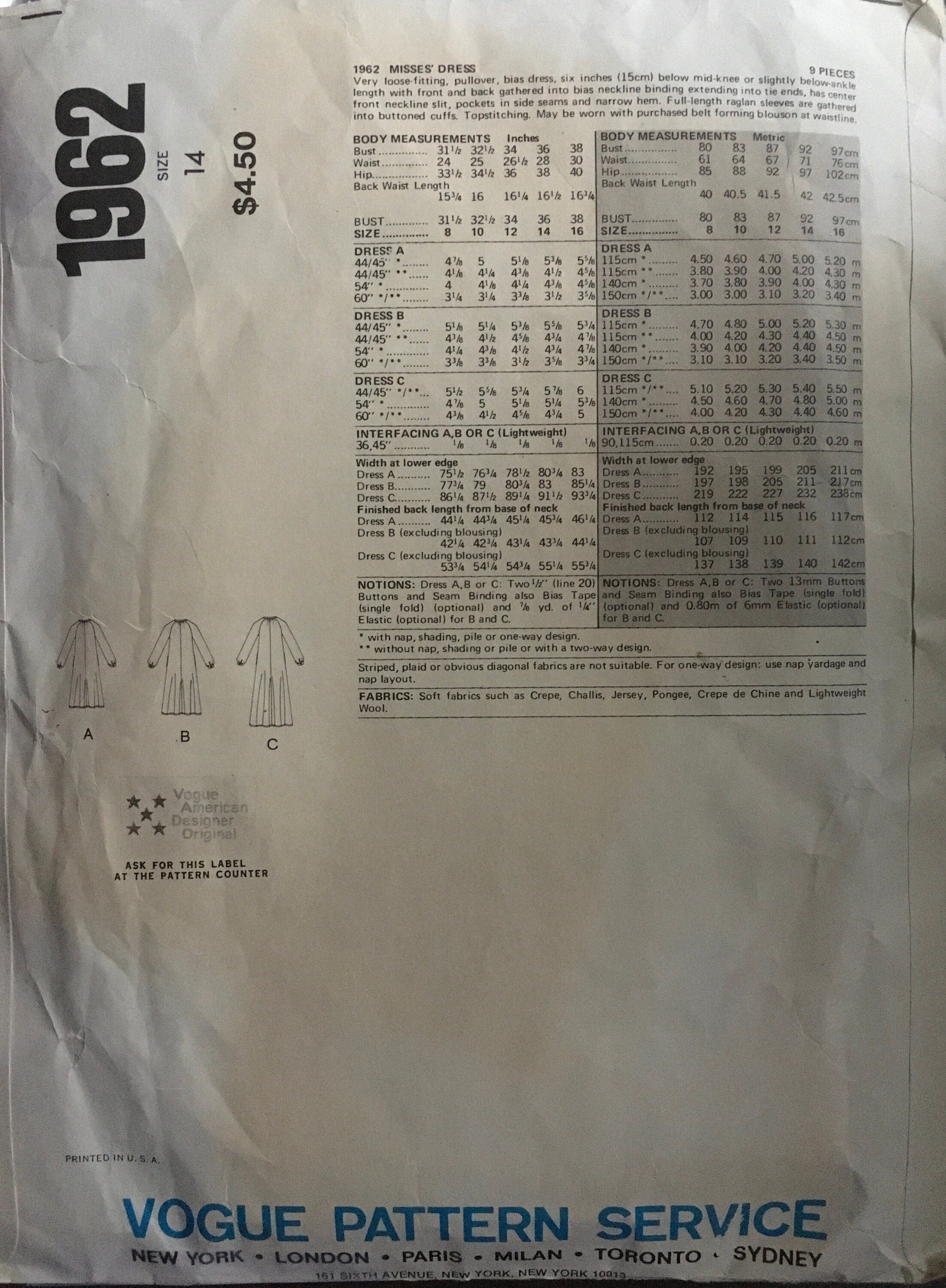 Vogue 1962 Sewing Pattern (Vintage) CUT