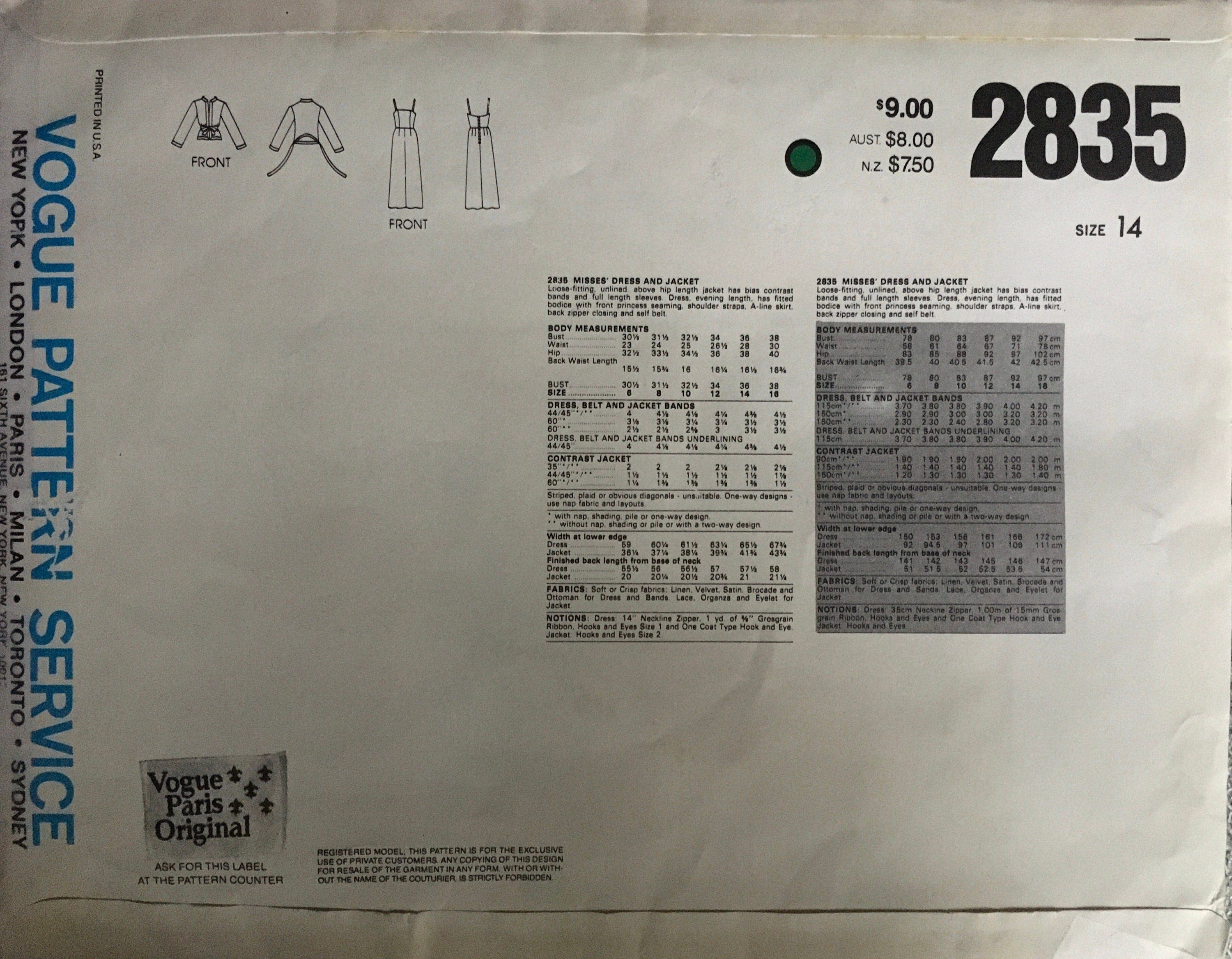 Vogue 2835 Sewing Pattern (Vintage) UNCUT