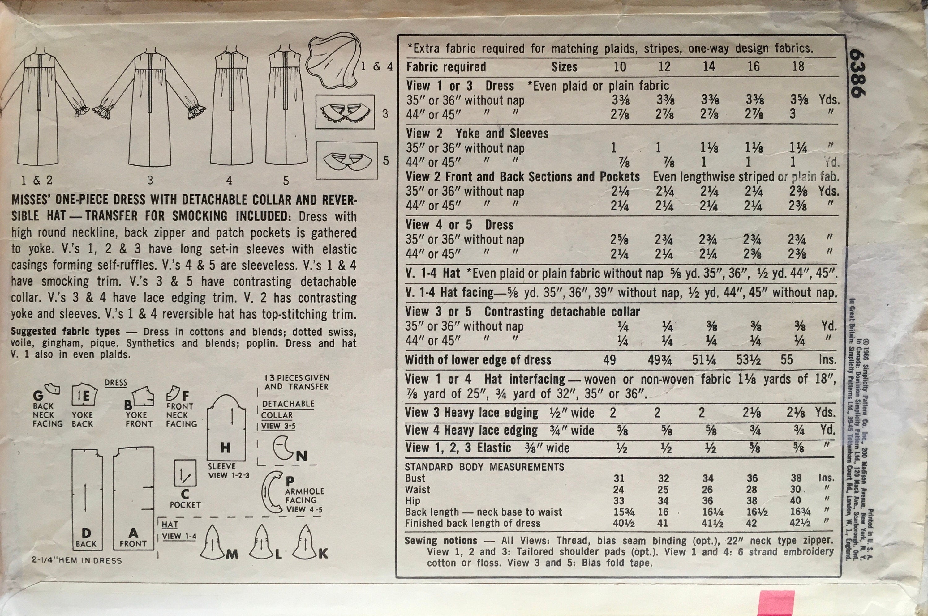 Simplicity 6386 Sewing Pattern (Vintage) CUT
