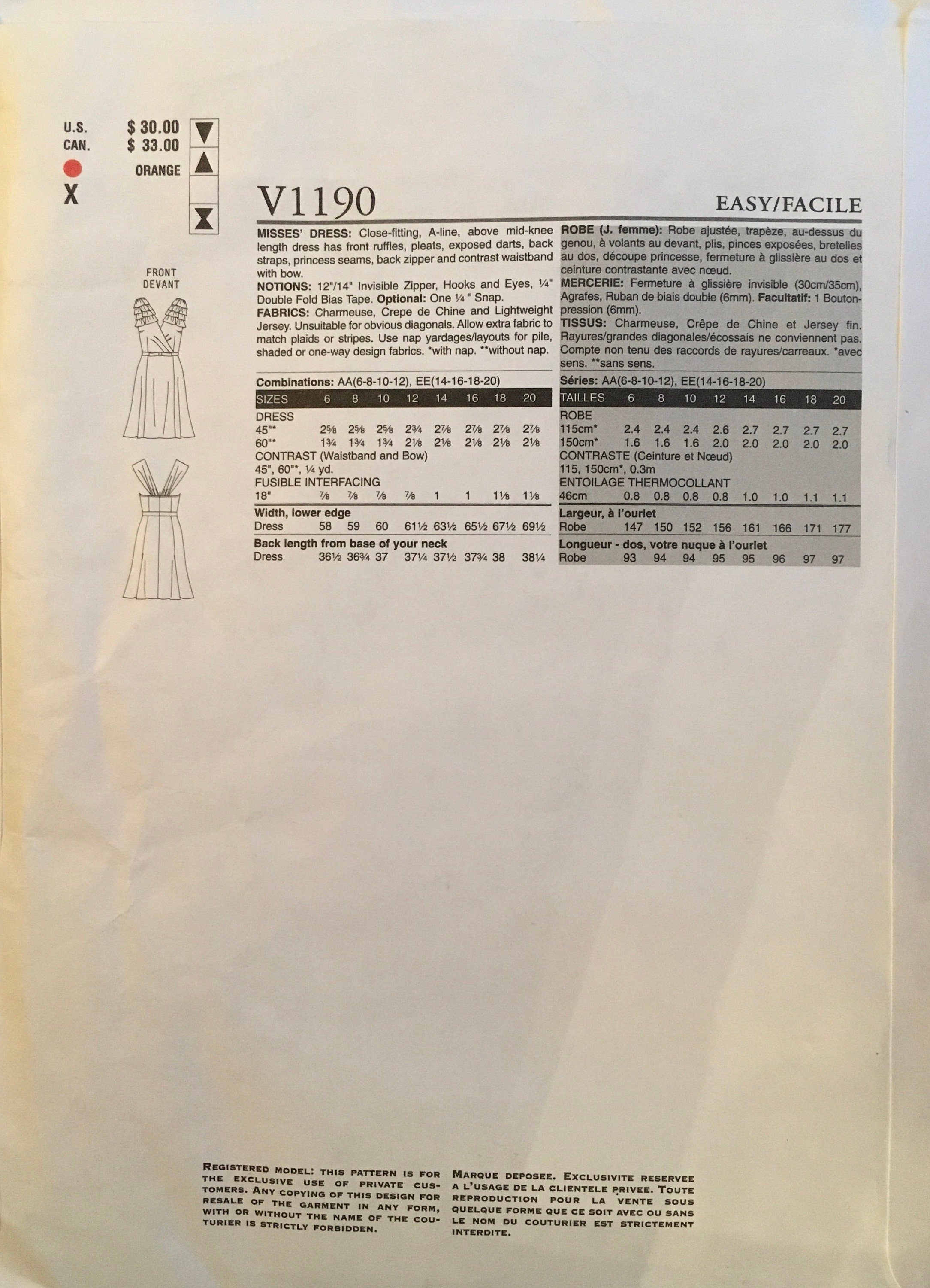 Vogue 1190 Sewing Pattern (Vintage) CUT