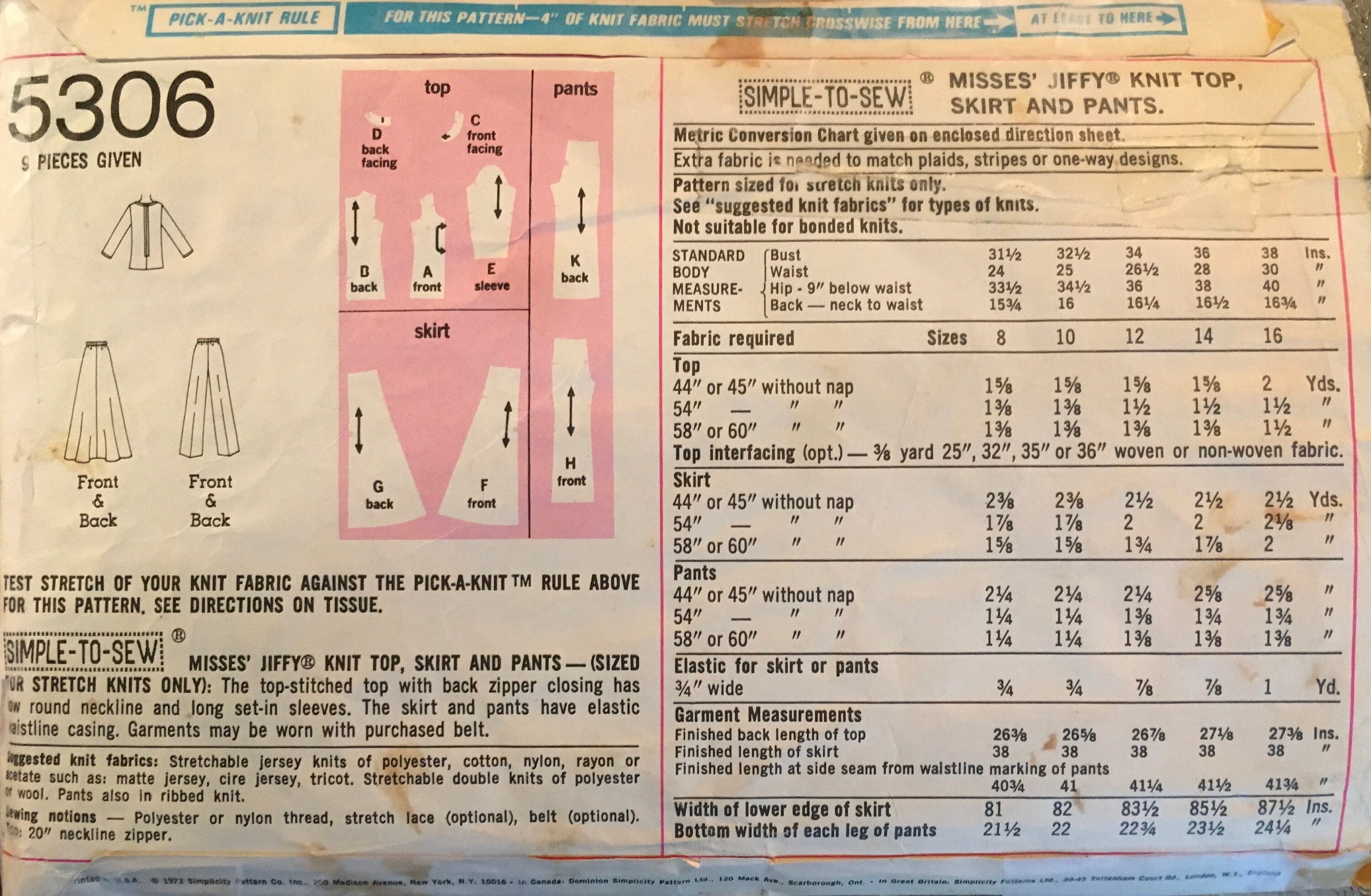 Simplicity 5306 Sewing Pattern (Vintage) CUT