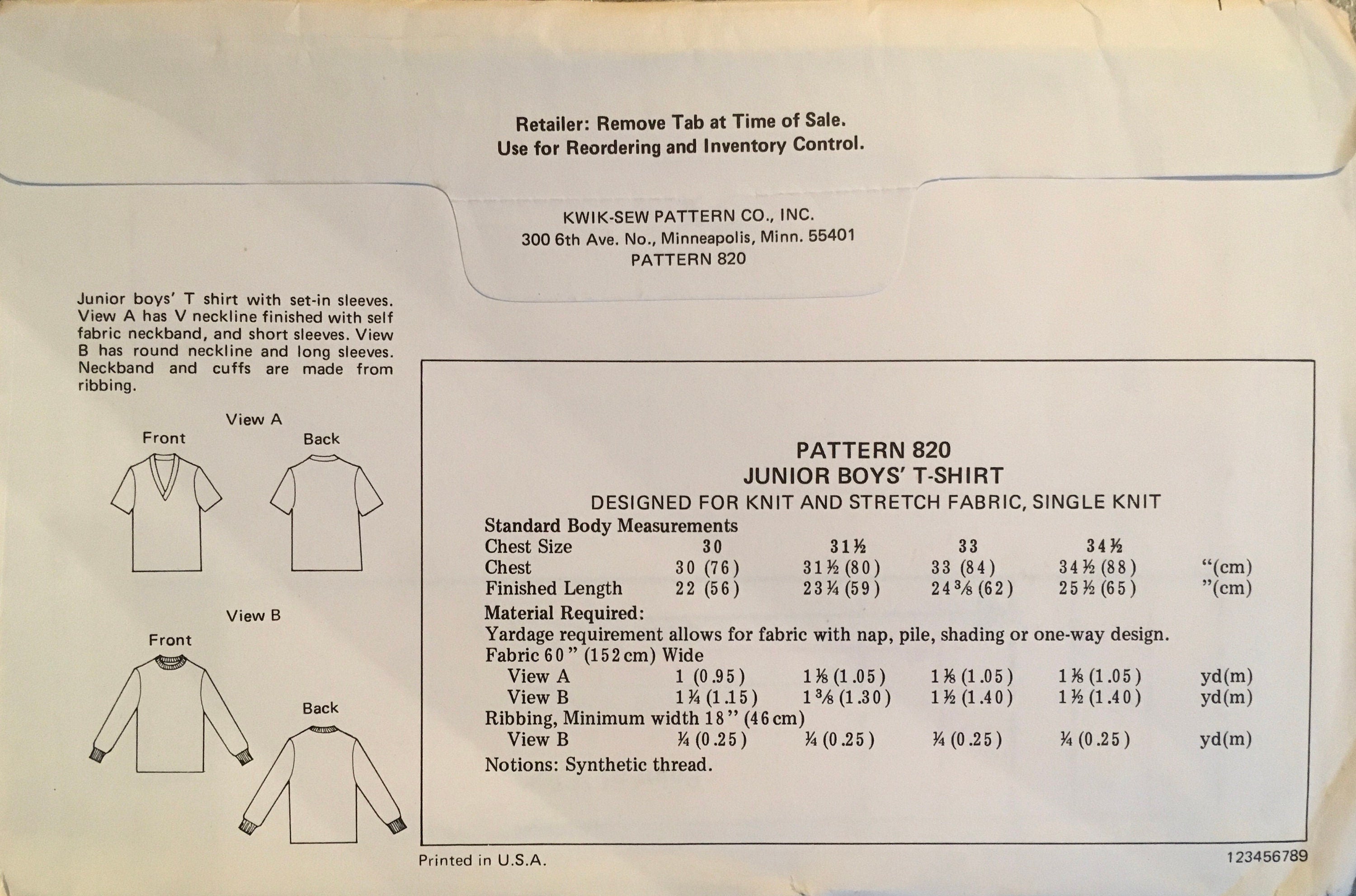 Kwik Sew 820 Sewing Pattern (Vintage) UNCUT