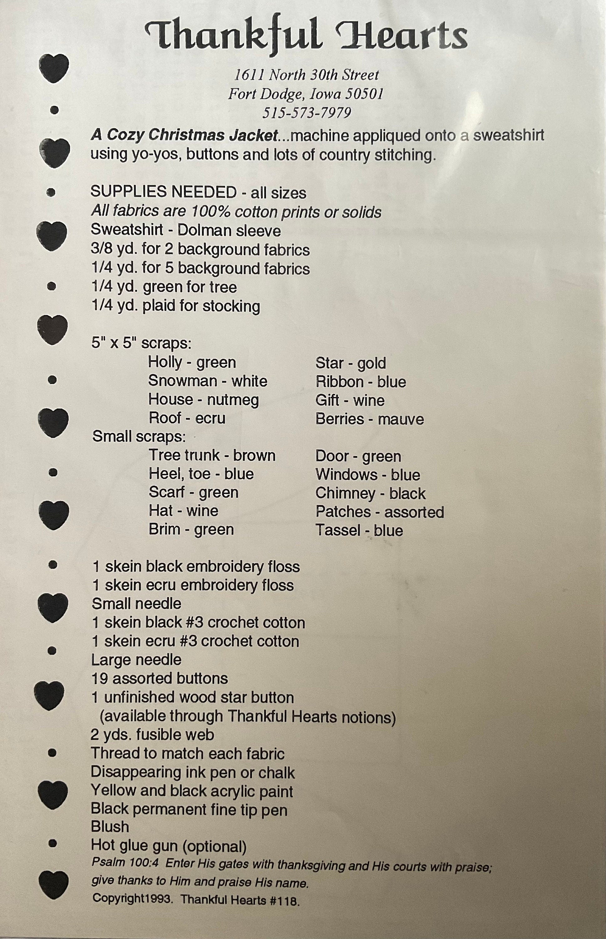 Thankful Hearts Sewing/Appliqué Pattern