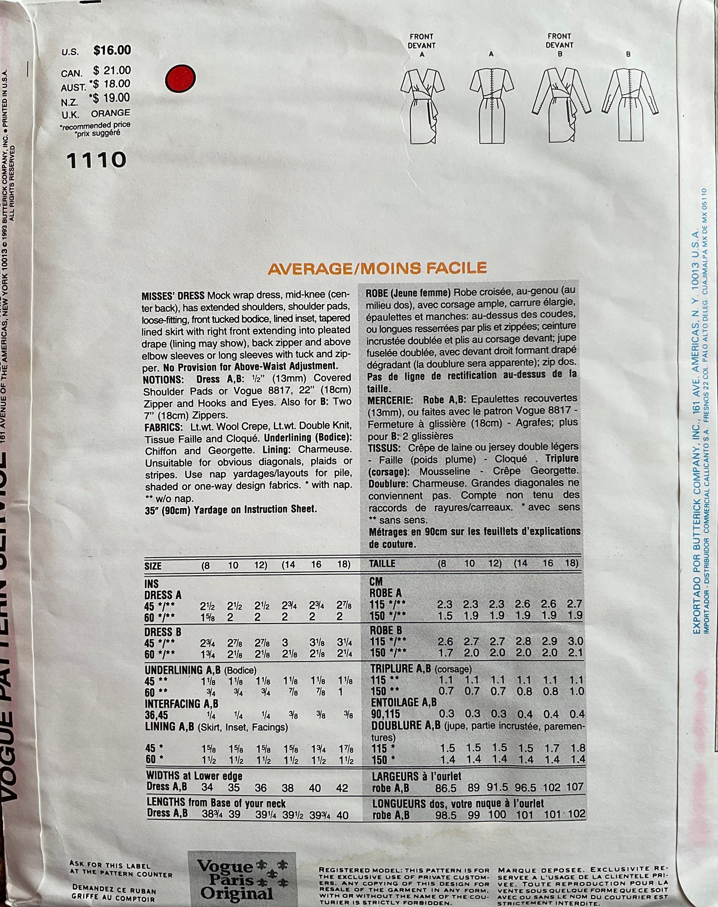 Vogue 1110 Sewing Pattern (Vintage) UNCUT