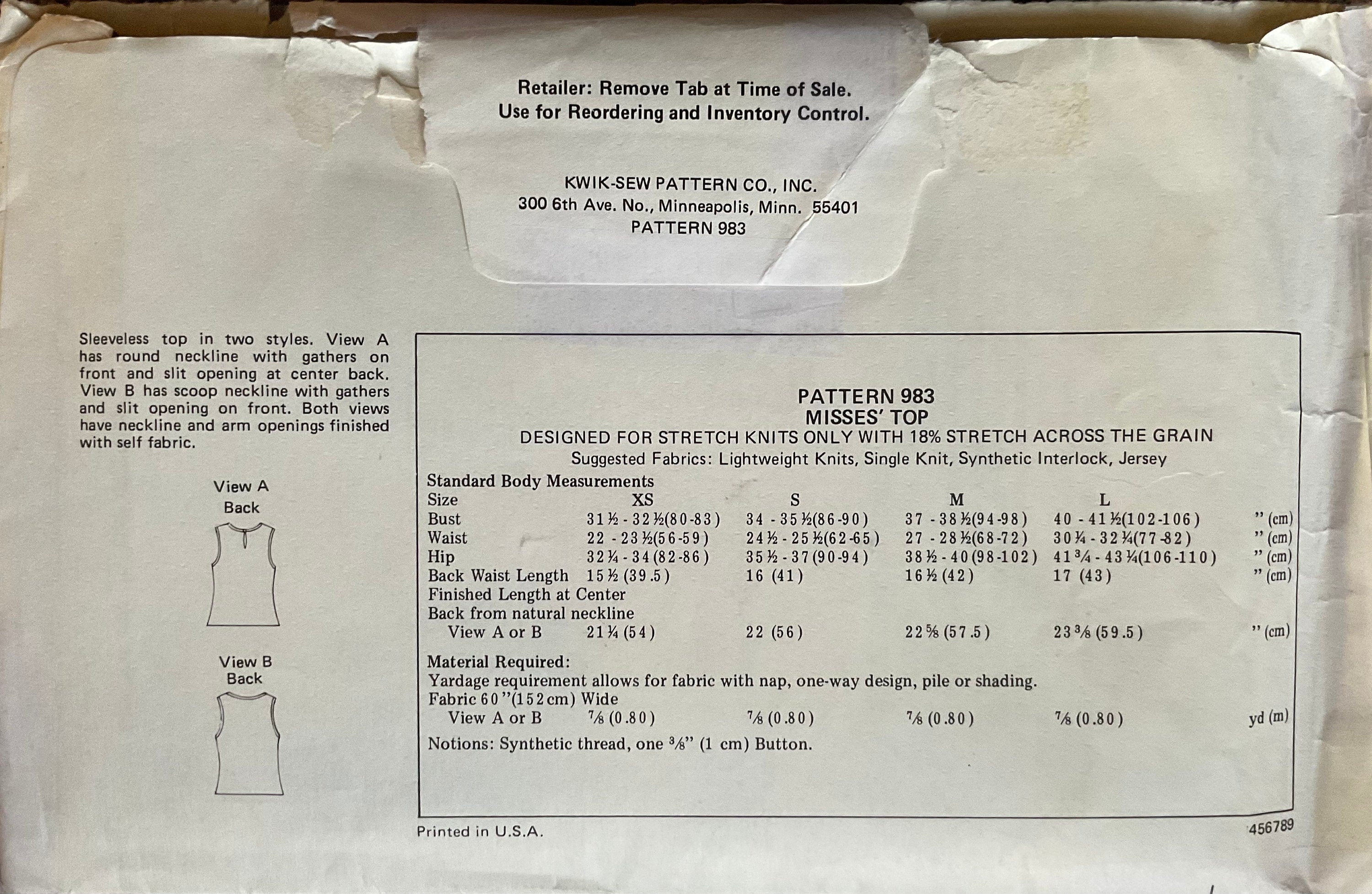 Kwik Sew 983 Sewing Pattern (Vintage) CUT