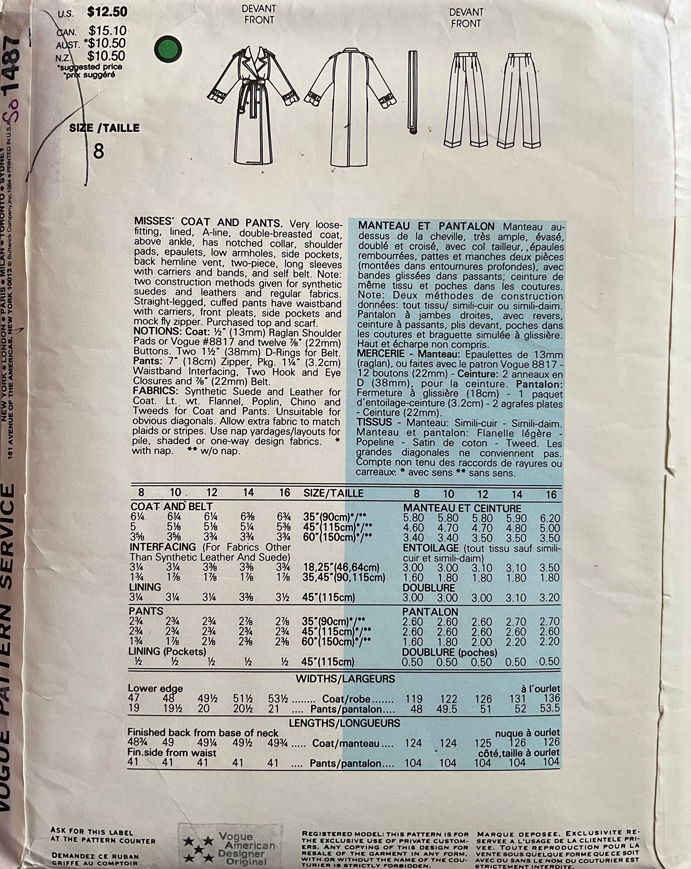 Vogue 1487 Sewing Pattern (Vintage) UNCUT