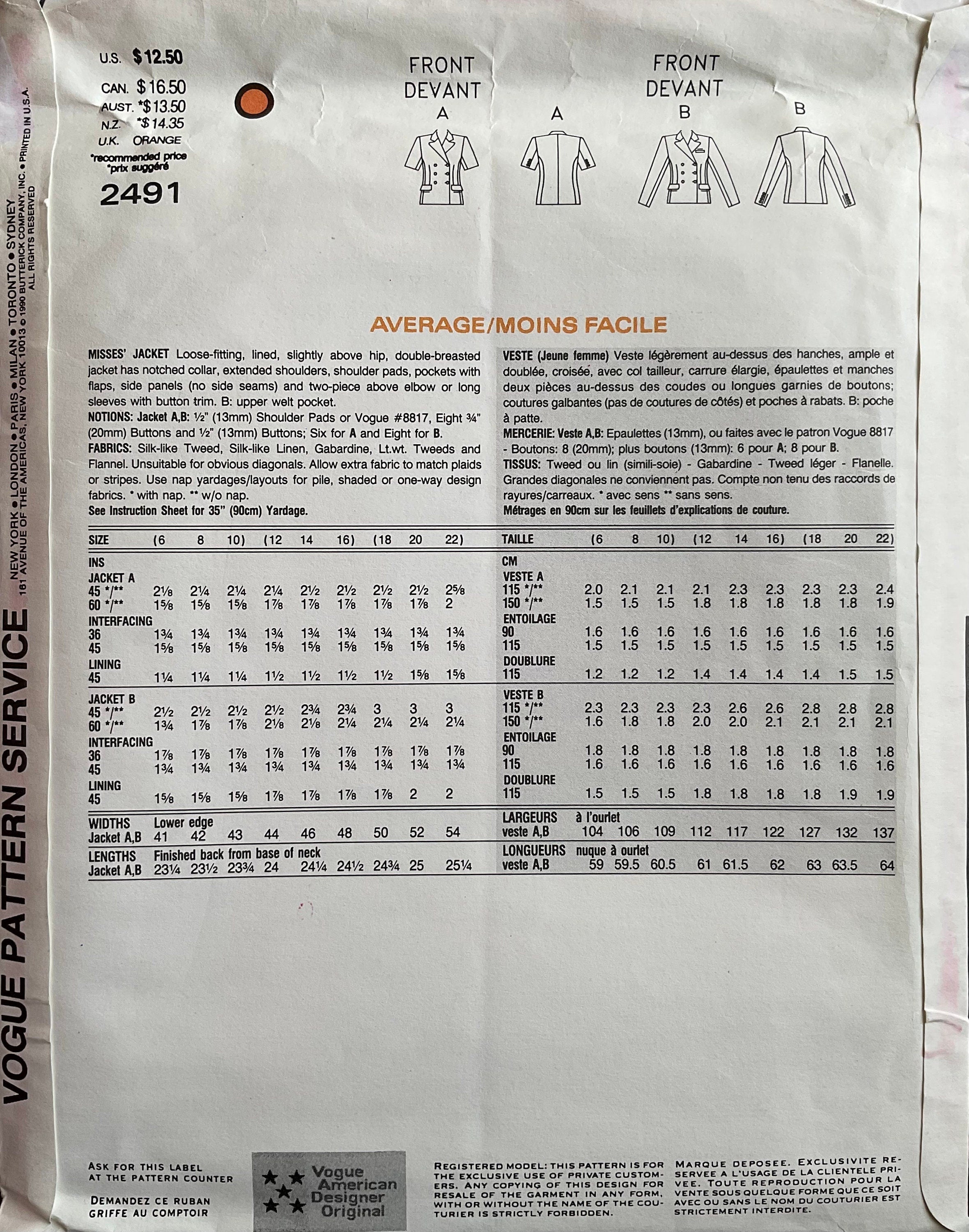 Vogue 2491 Sewing Pattern (Vintage) UNCUT