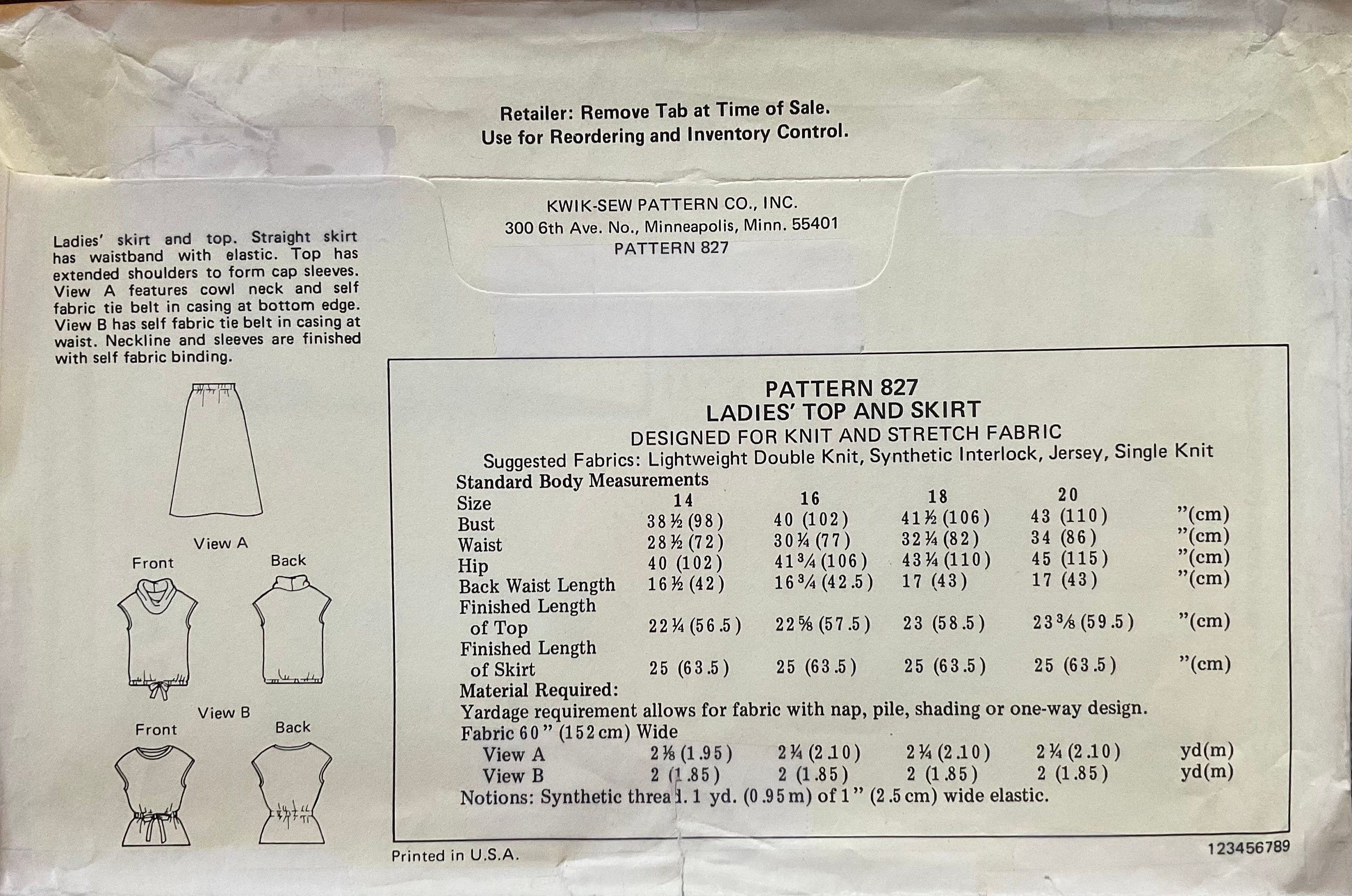 Kwik Sew 827 Sewing Pattern (Vintage) UNCUT