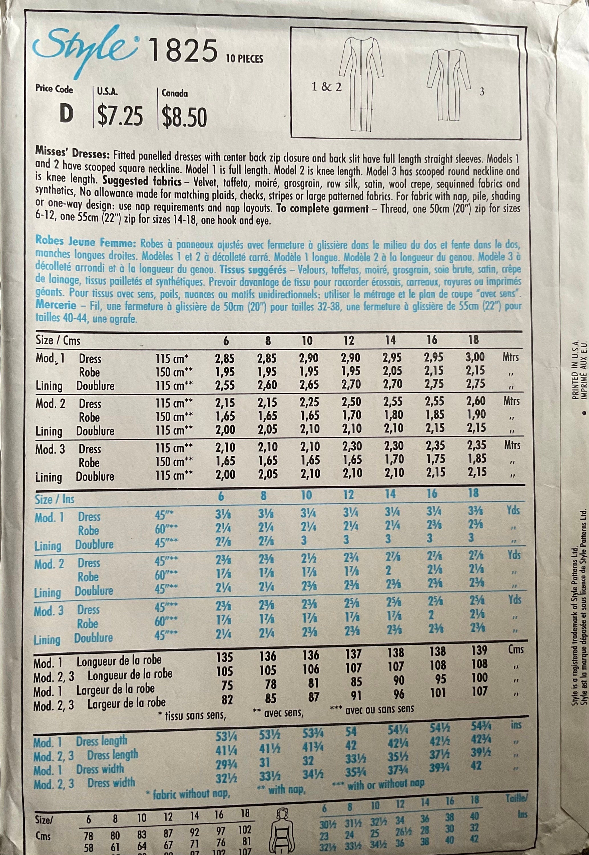 Style 1825 Sewing Pattern (Vintage) CUT