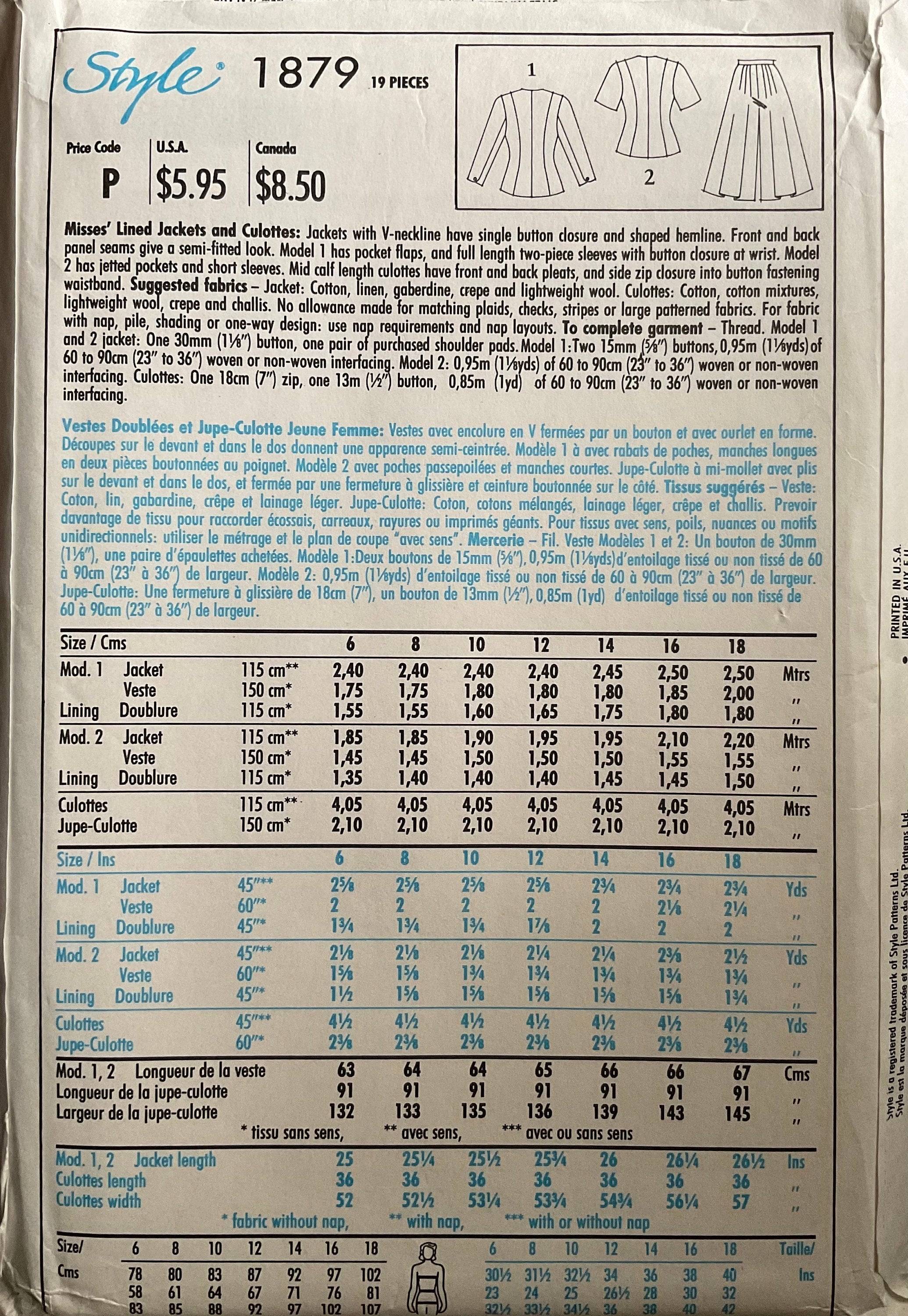 Style 1879 Sewing Pattern (Vintage) UNCUT