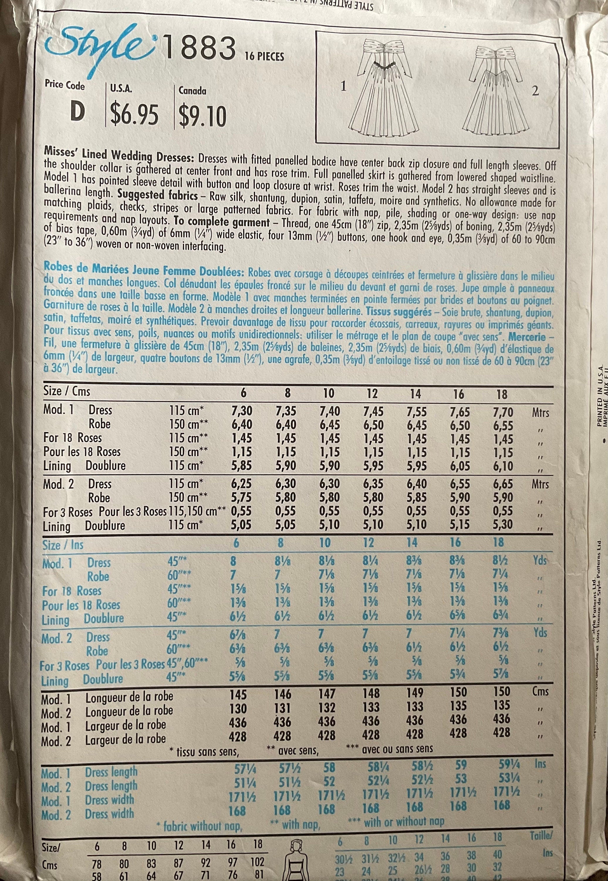 Style 1883 Sewing Pattern (Vintage) UNCUT