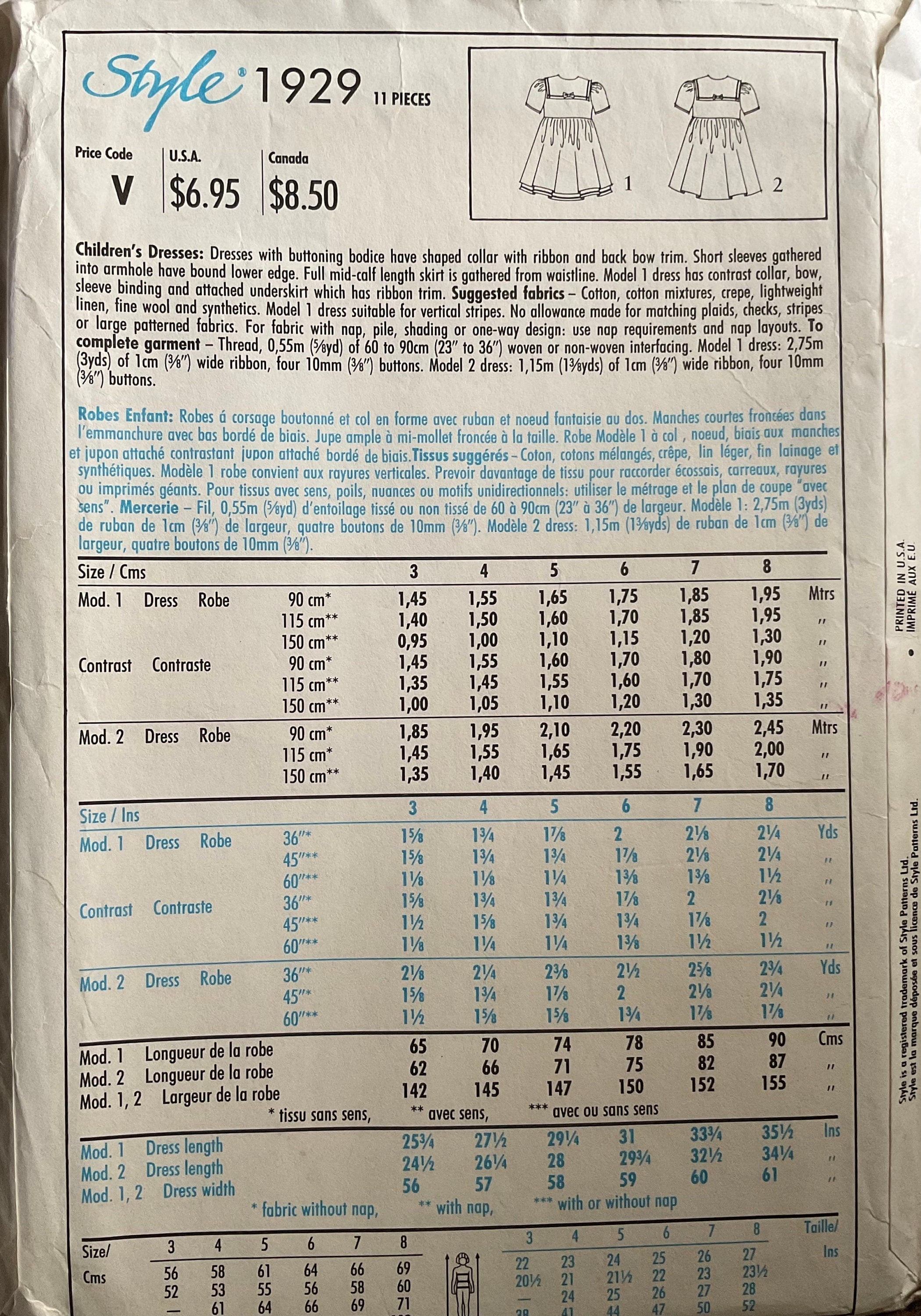 Style 1929 Sewing Pattern (Vintage) CUT