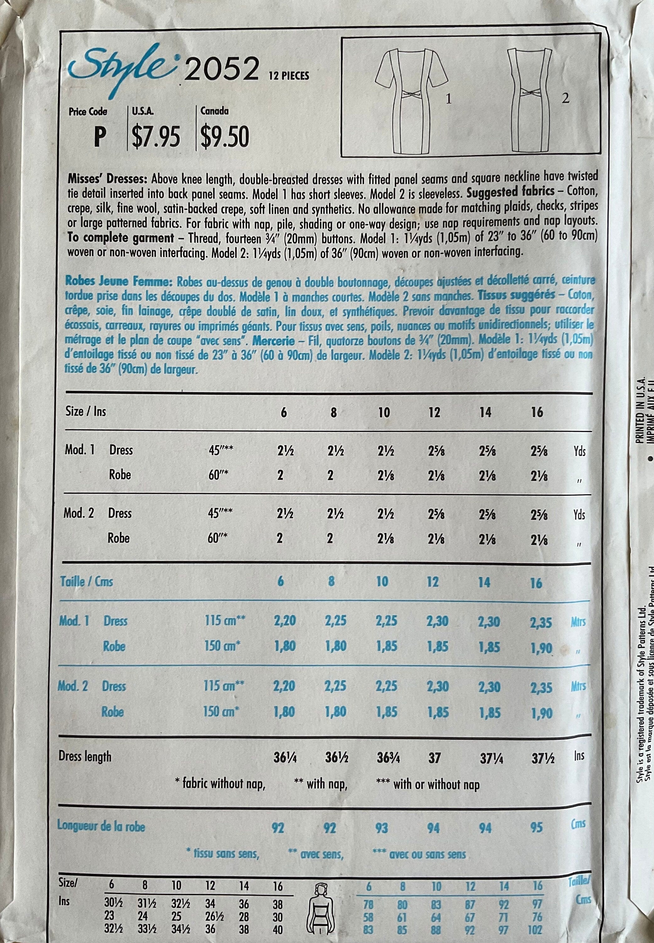 Style 2052 Sewing Pattern (Vintage) UNCUT