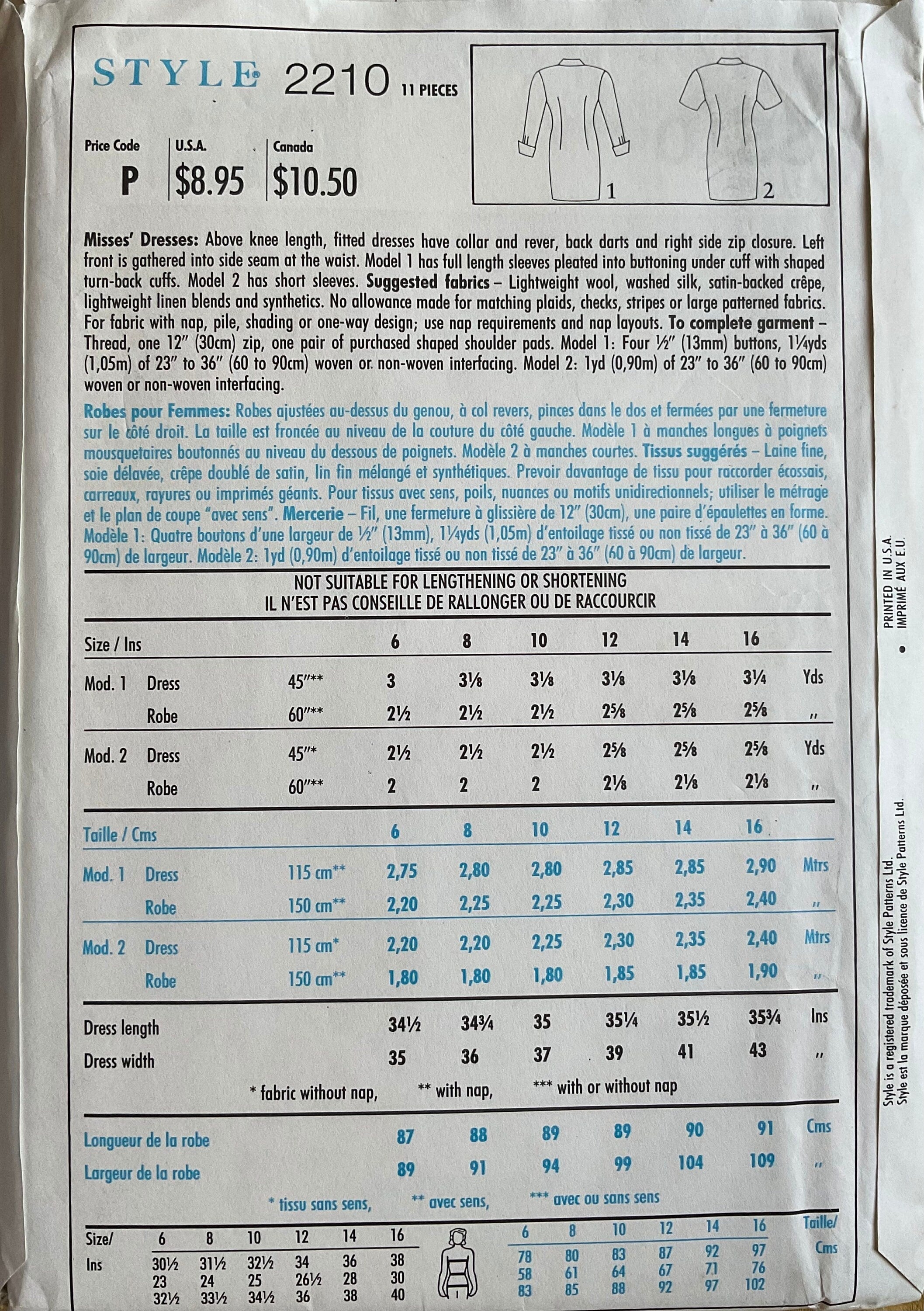Style 2210 Sewing Pattern (Vintage) UNCUT