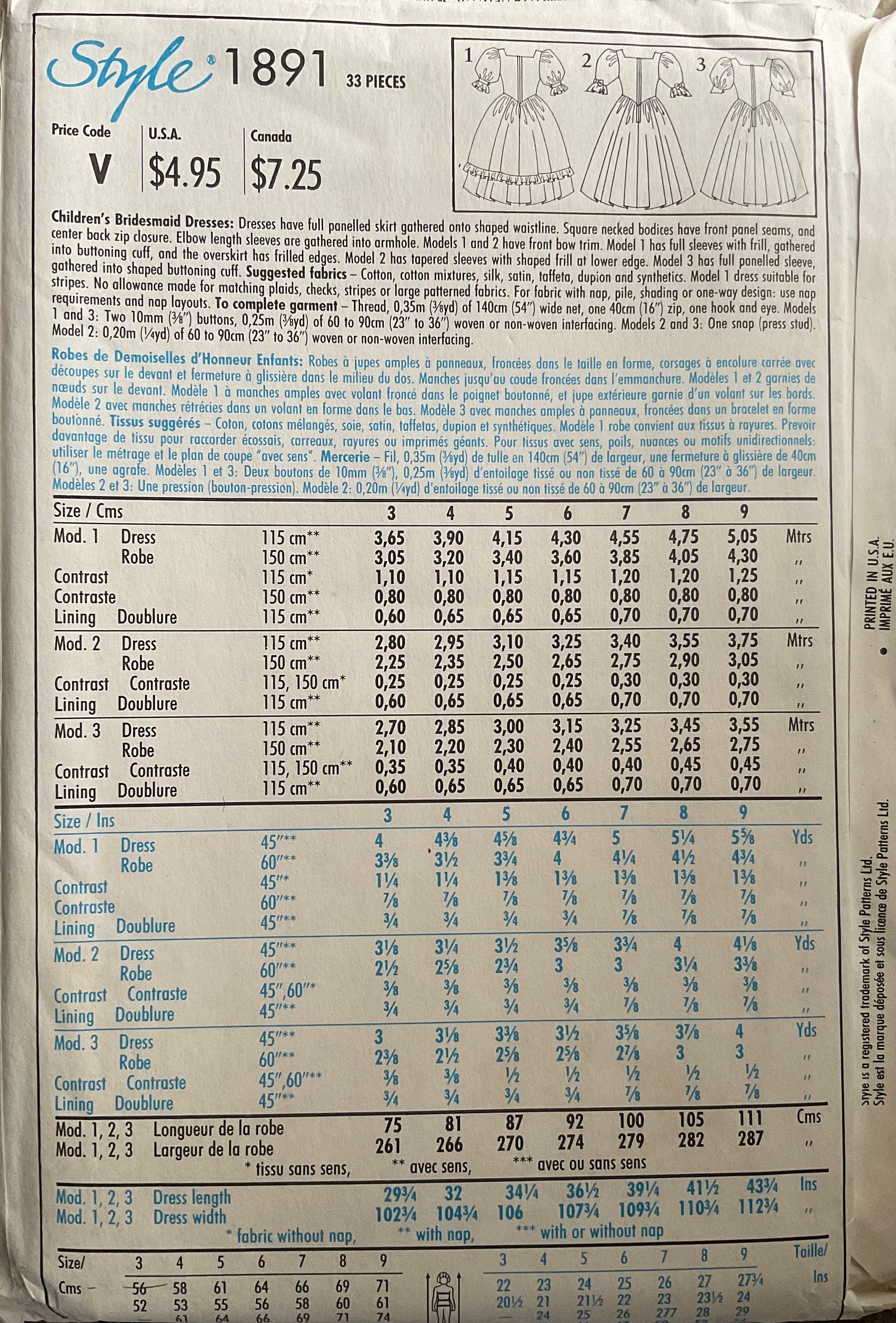 Style 1891 Sewing Pattern (Vintage) UNCUT