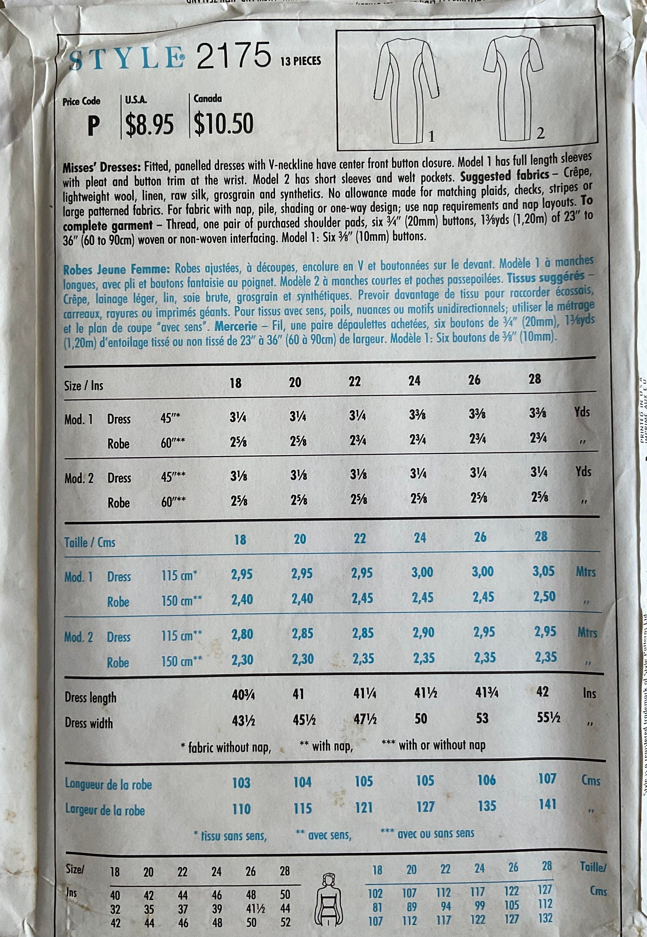 Style 2175 Sewing Pattern (Vintage) CUT