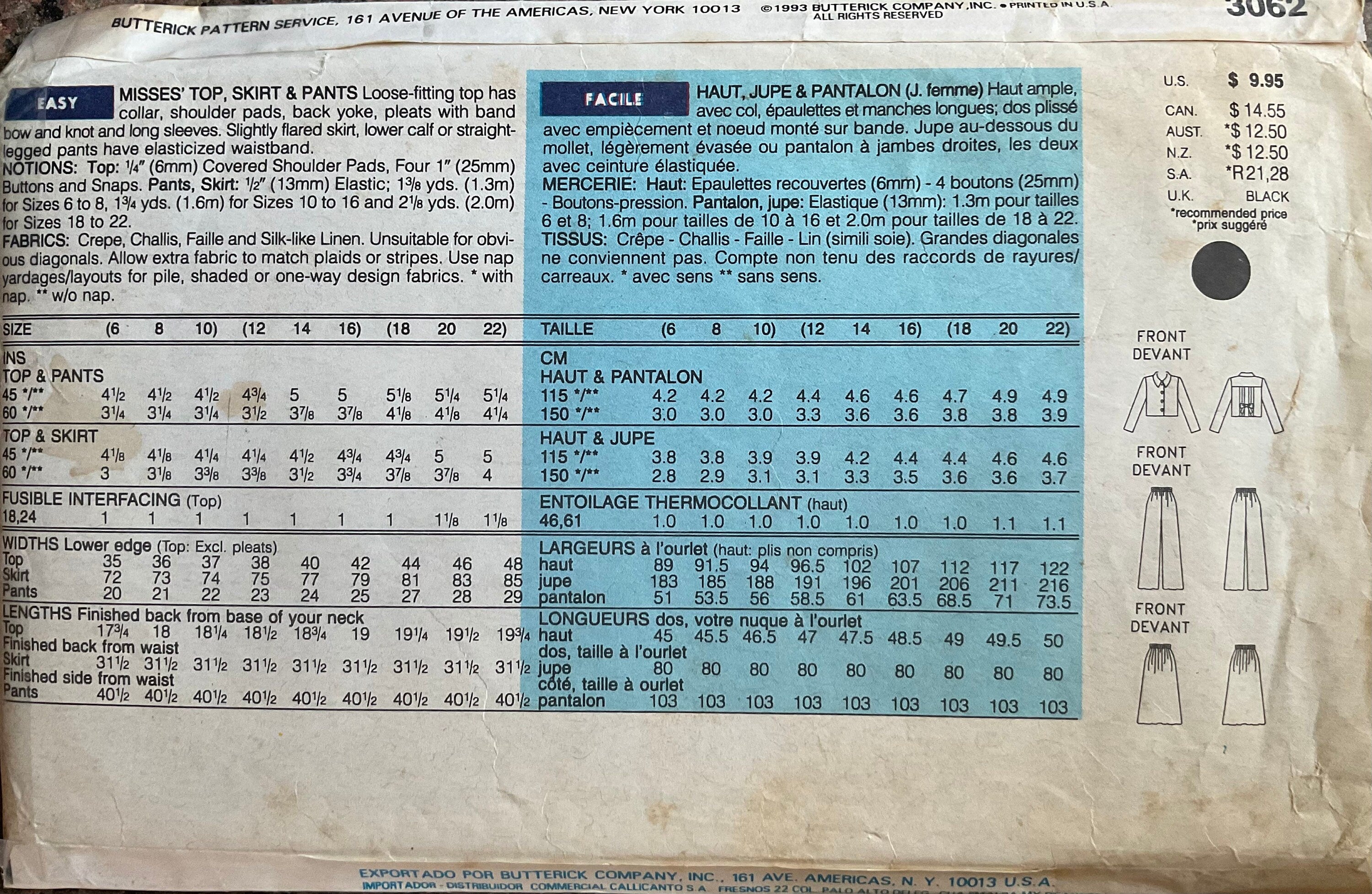Butterick 3062 Sewing Pattern (Vintage) CUT