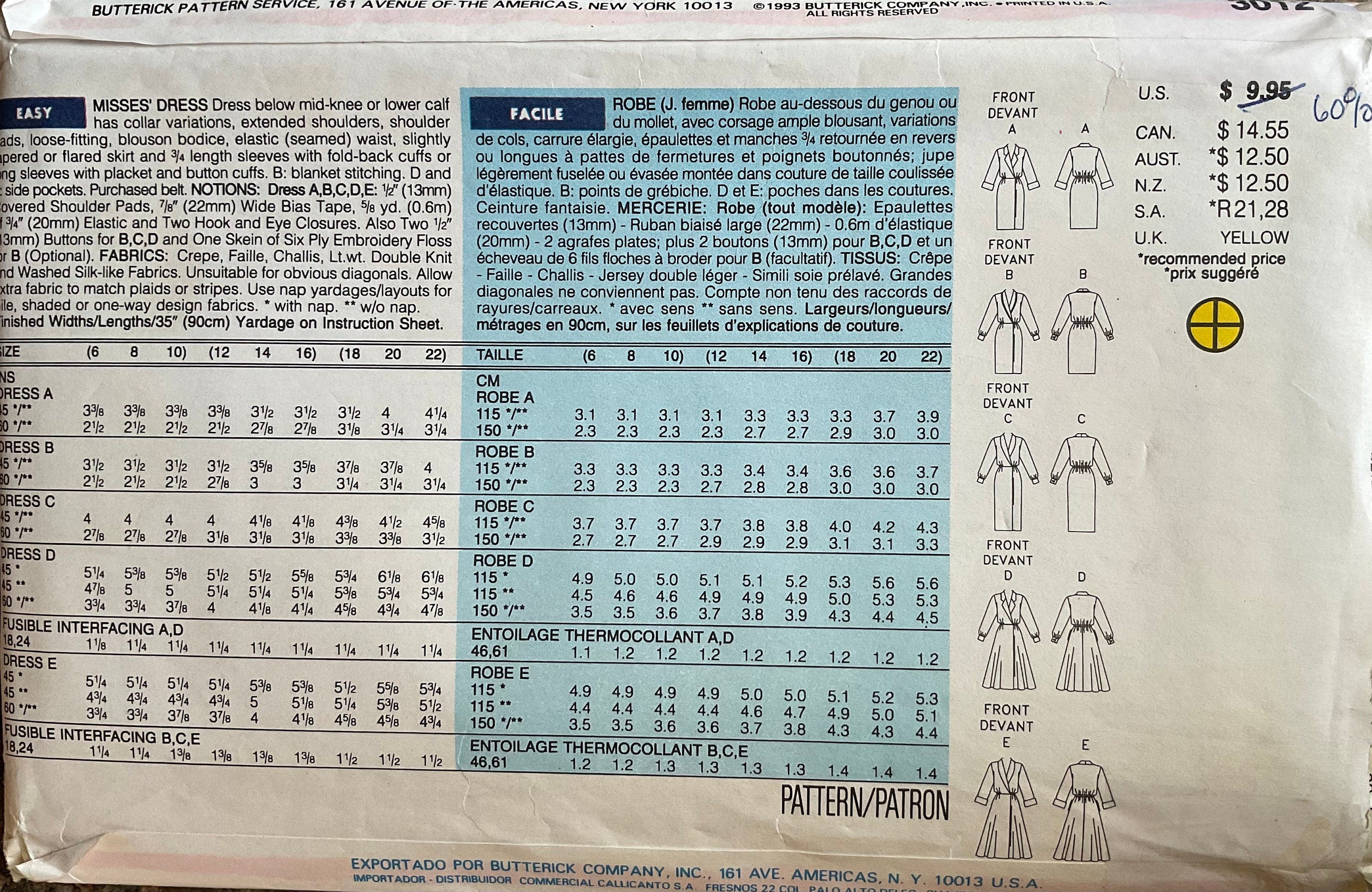 Butterick 3012 Sewing Pattern (Vintage) UNCUT