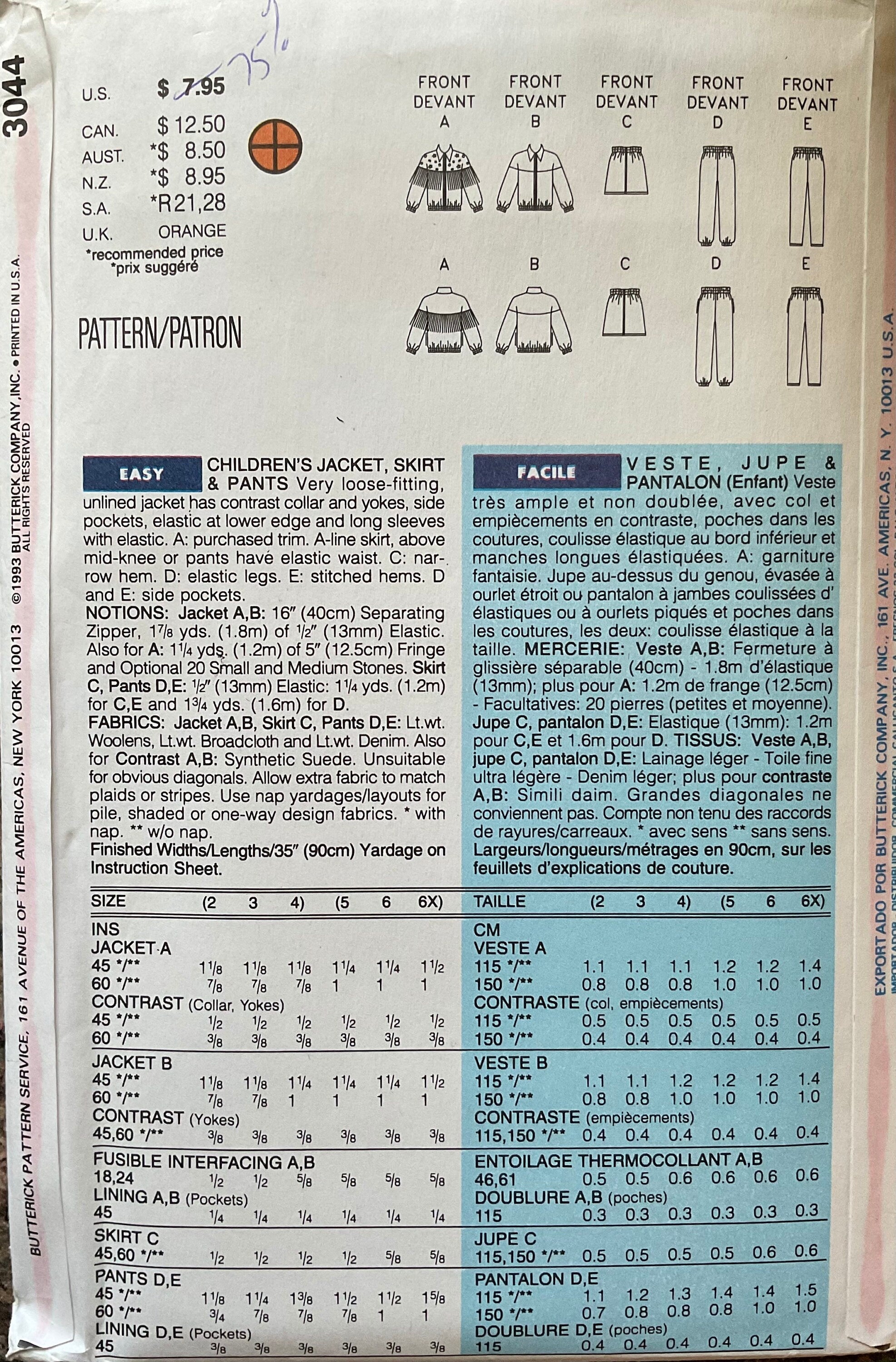 Butterick 3044 Sewing Pattern (Vintage) UNCUT