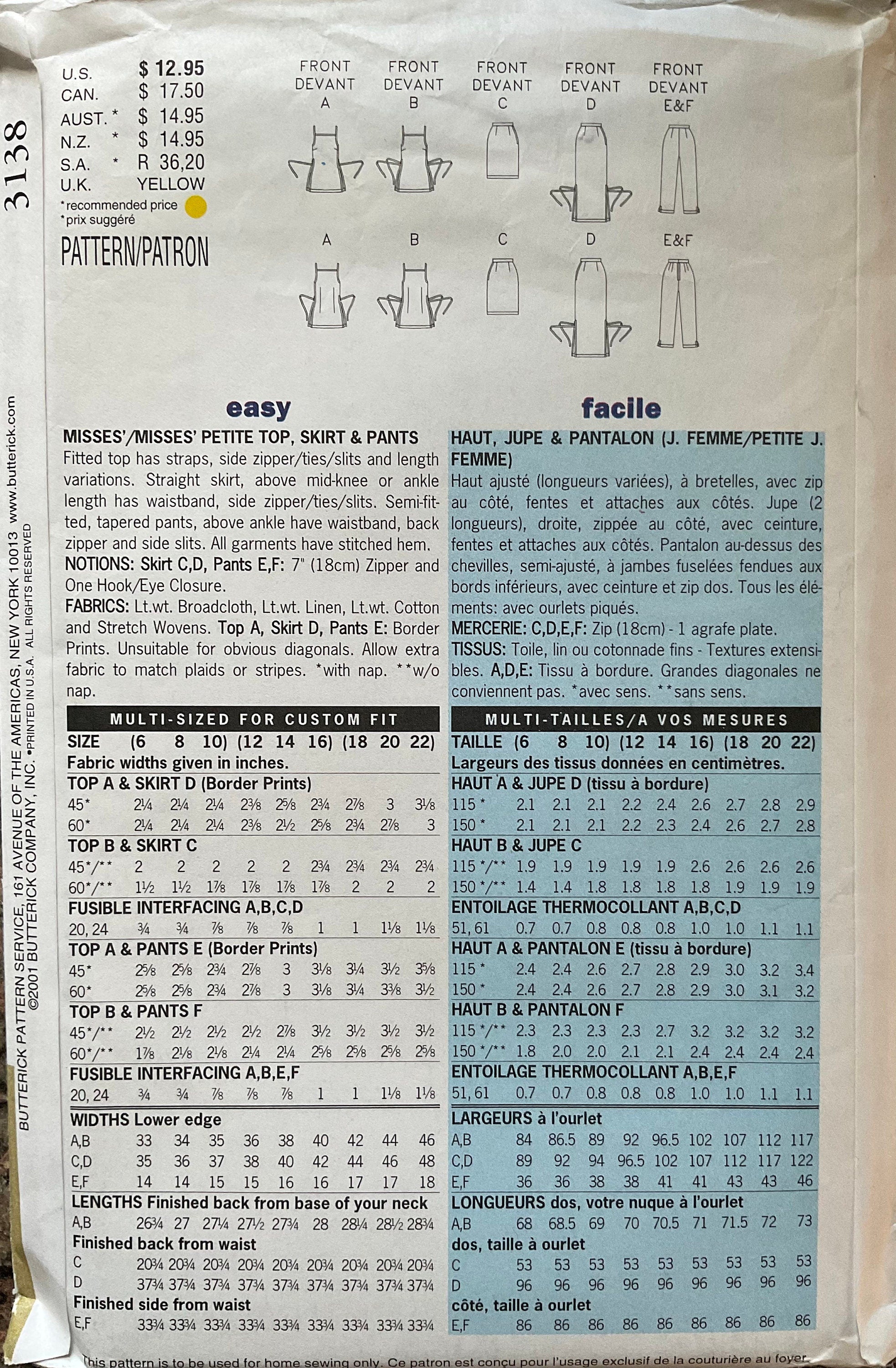 Butterick 3138 Sewing Pattern (Vintage) UNCUT