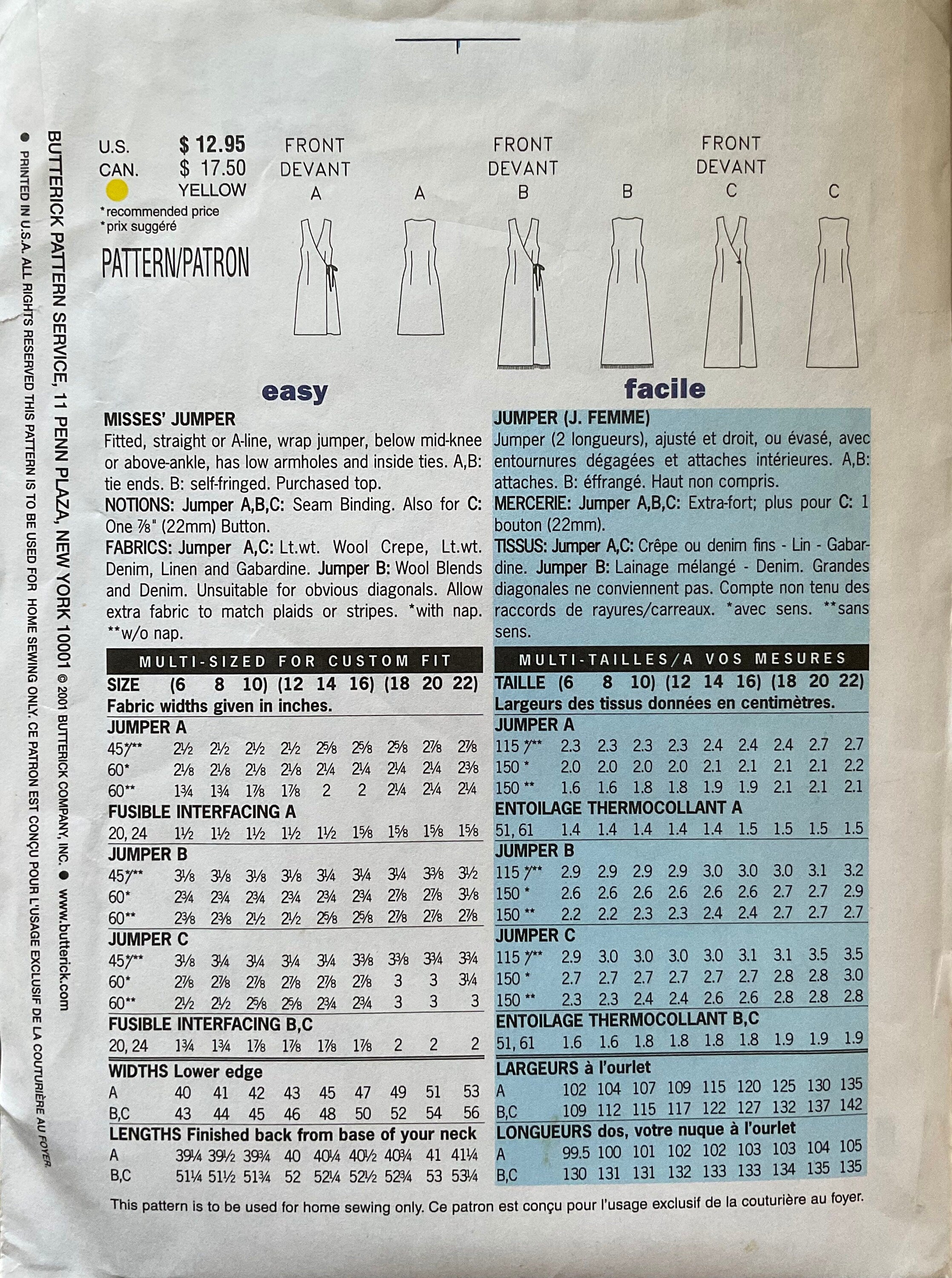 Butterick 3191 Sewing Pattern (Vintage) UNCUT