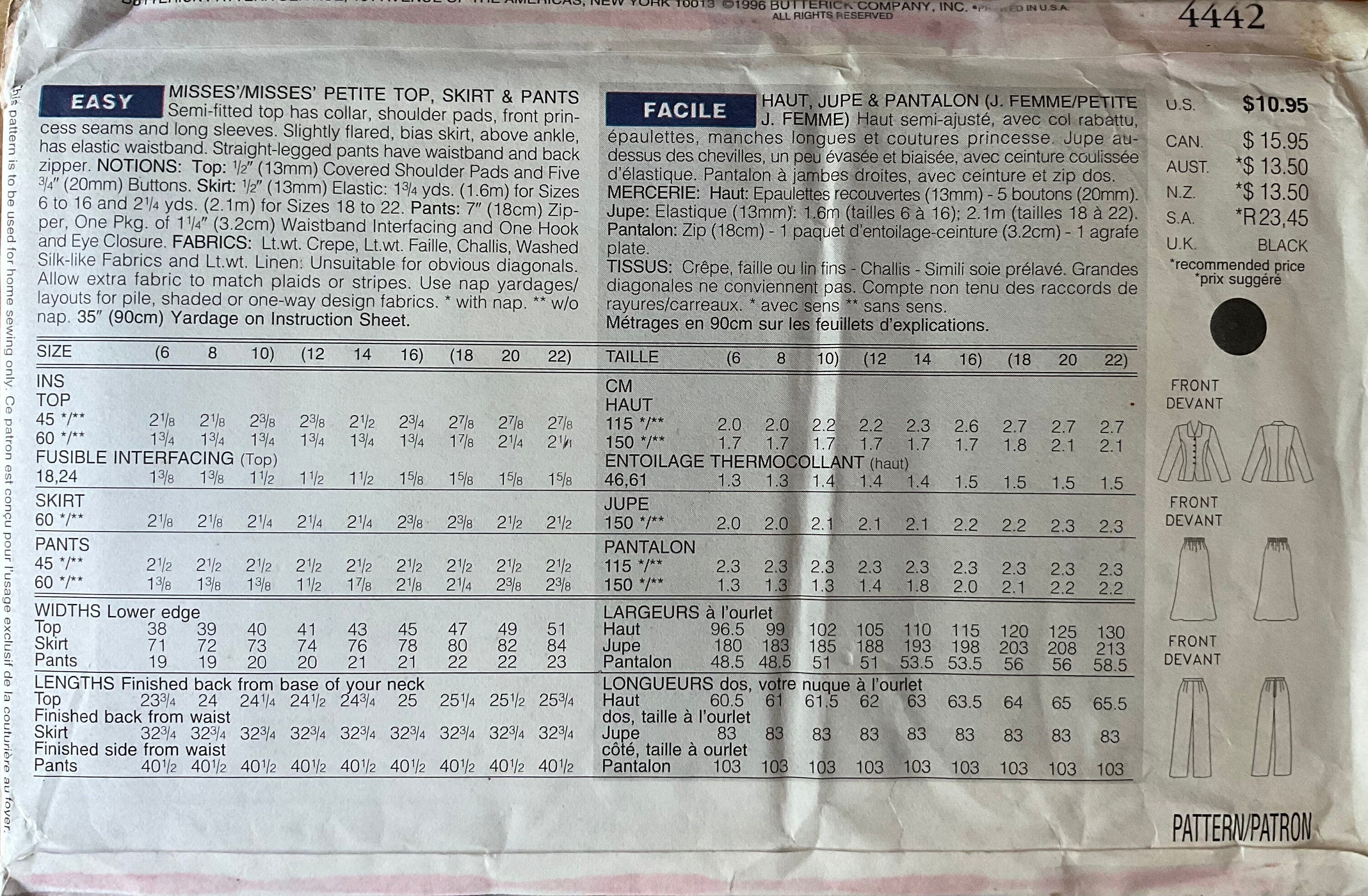 Butterick 4442 Sewing Pattern (Vintage) UNCUT