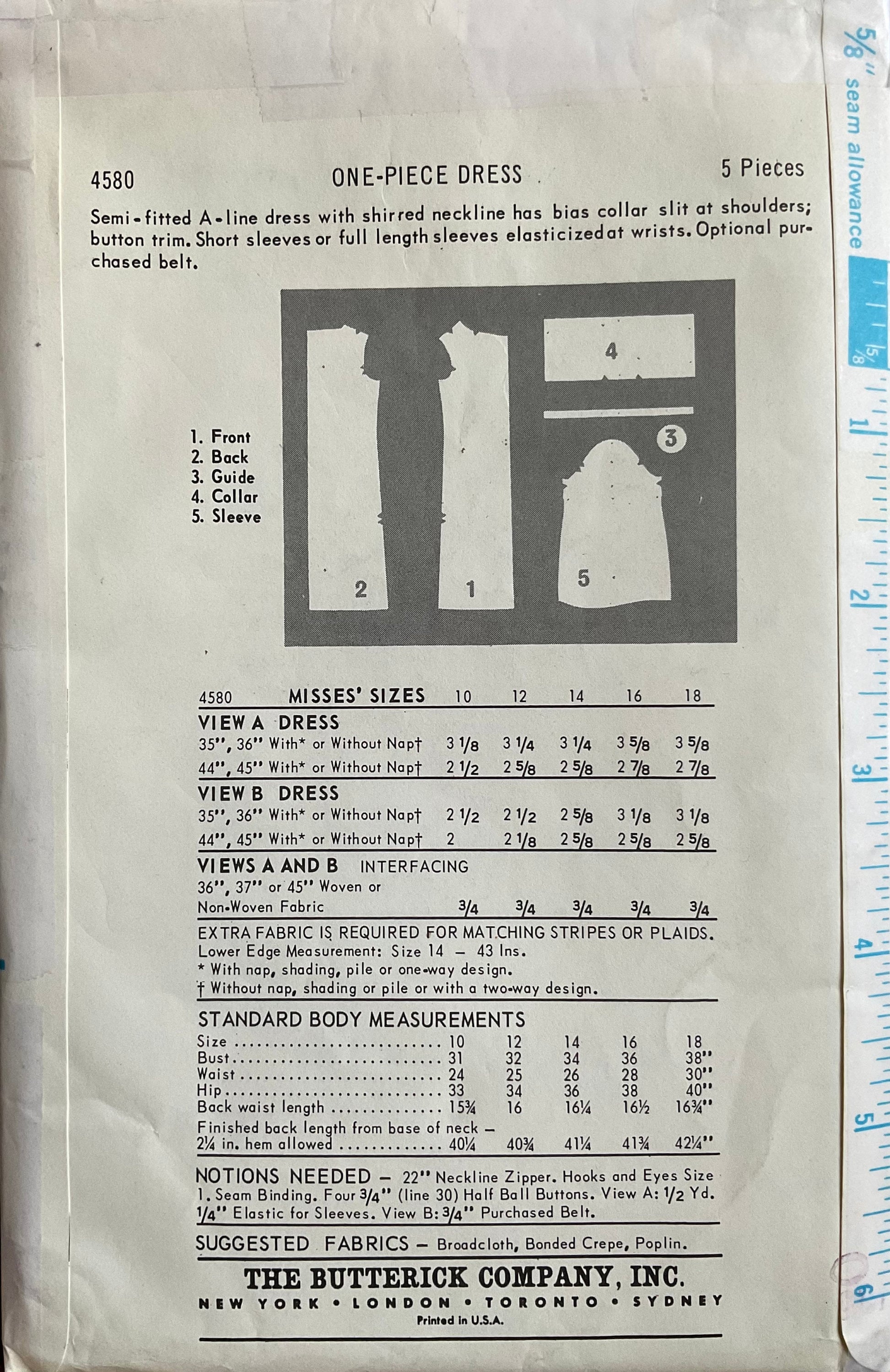 Butterick 4580 Sewing Pattern (Vintage) UNCUT